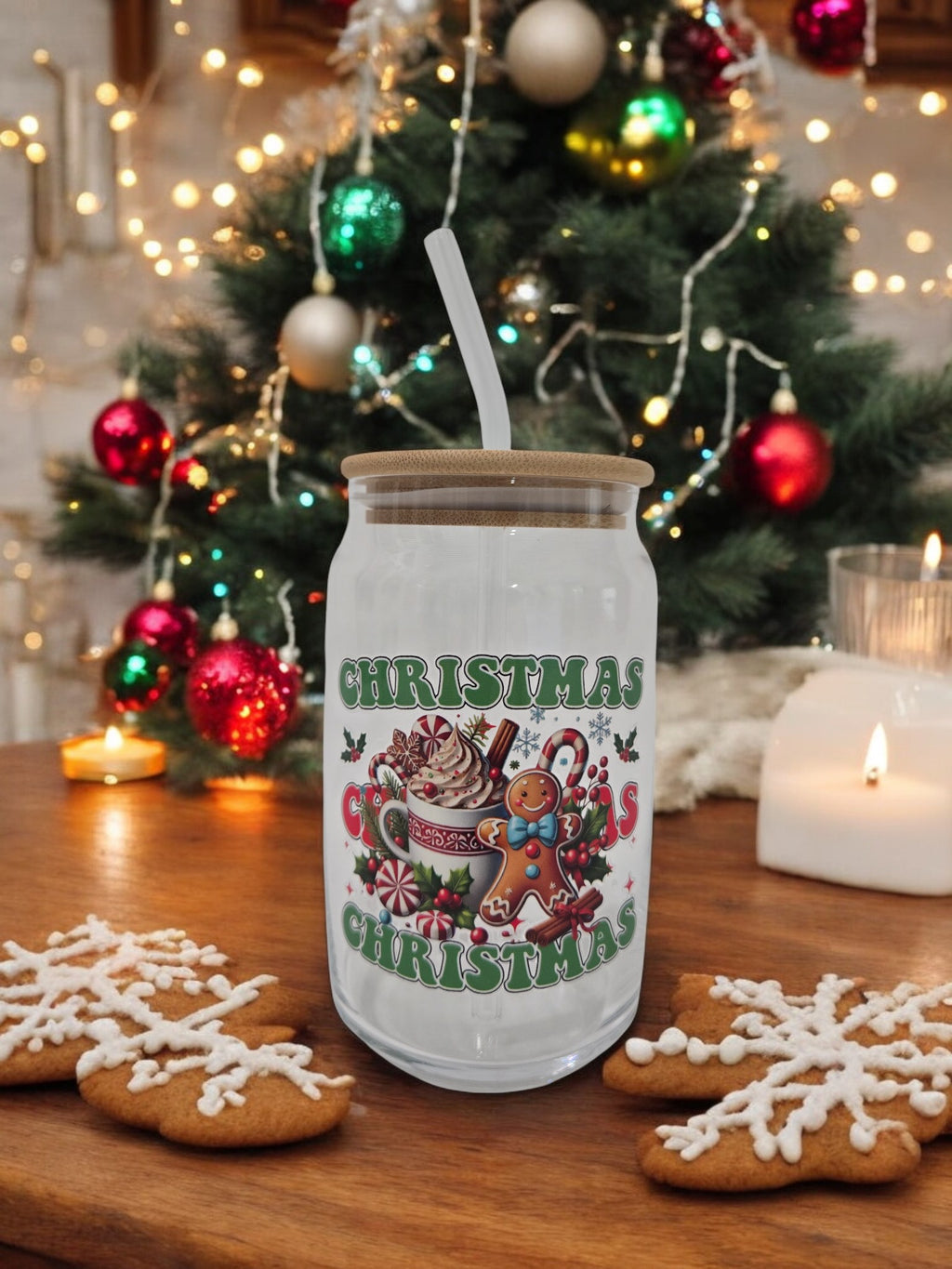 Christmas Glass cup, 17.58 oz, "Christmas, Christmas", Gingerbread man, Hot cocoa cup, peppermint, cinnamon stick