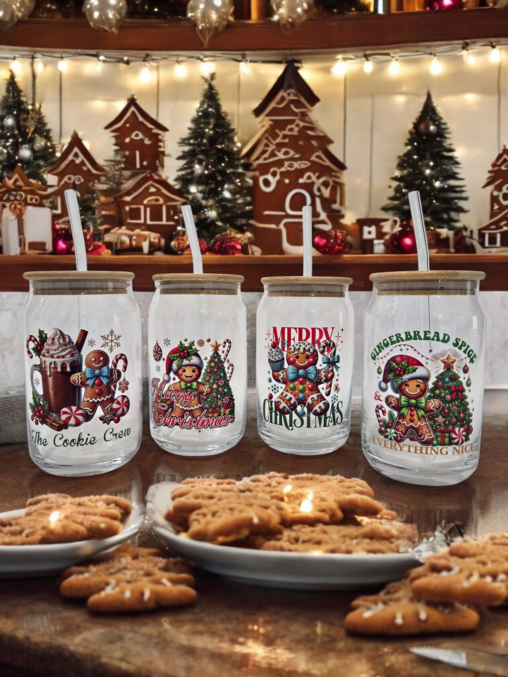 Christmas Glass cup, 17.58 oz, Merry Christmas Gingerbread man, holding a cupcake and candy cane, wearing a blue bow