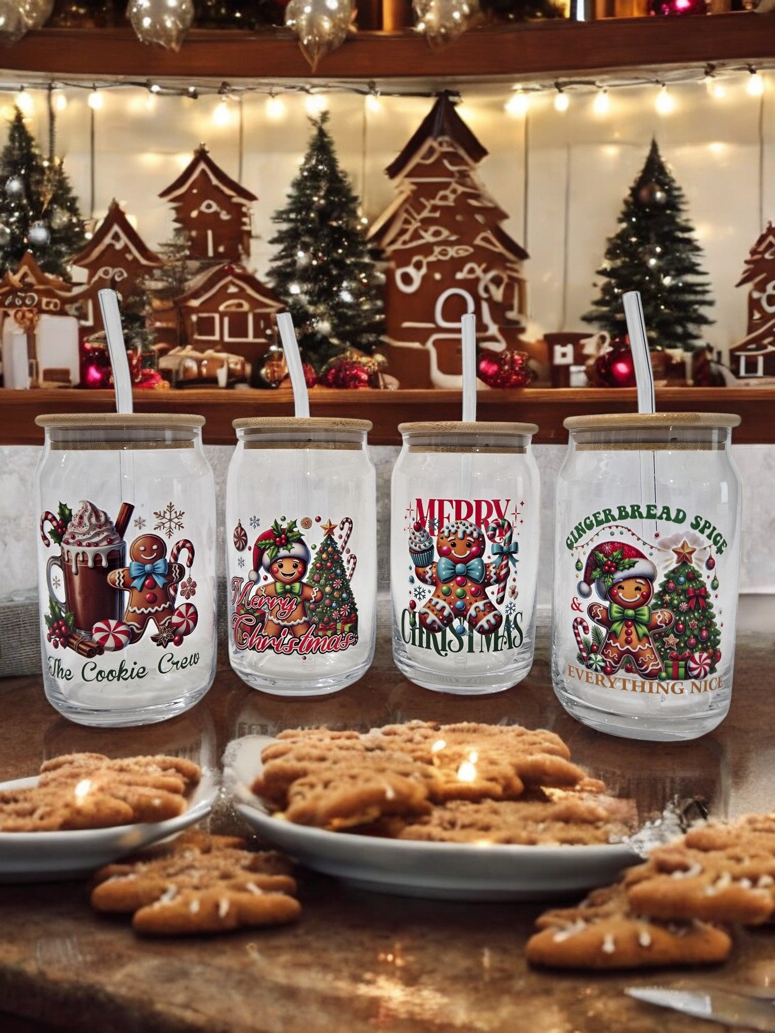 Christmas Glass cup, 17.58 oz, Merry Christmas Gingerbread man, holding a cupcake and candy cane, wearing a blue bow