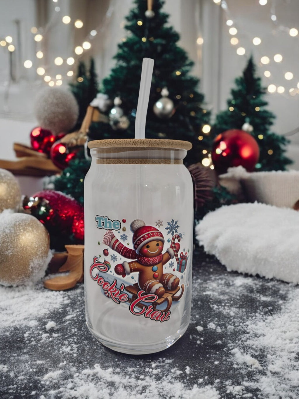 Christmas Glass Cup, 17.58 oz, Gingerbread man on a sled, wearing a red cap and scarf, "Cookie Crew"