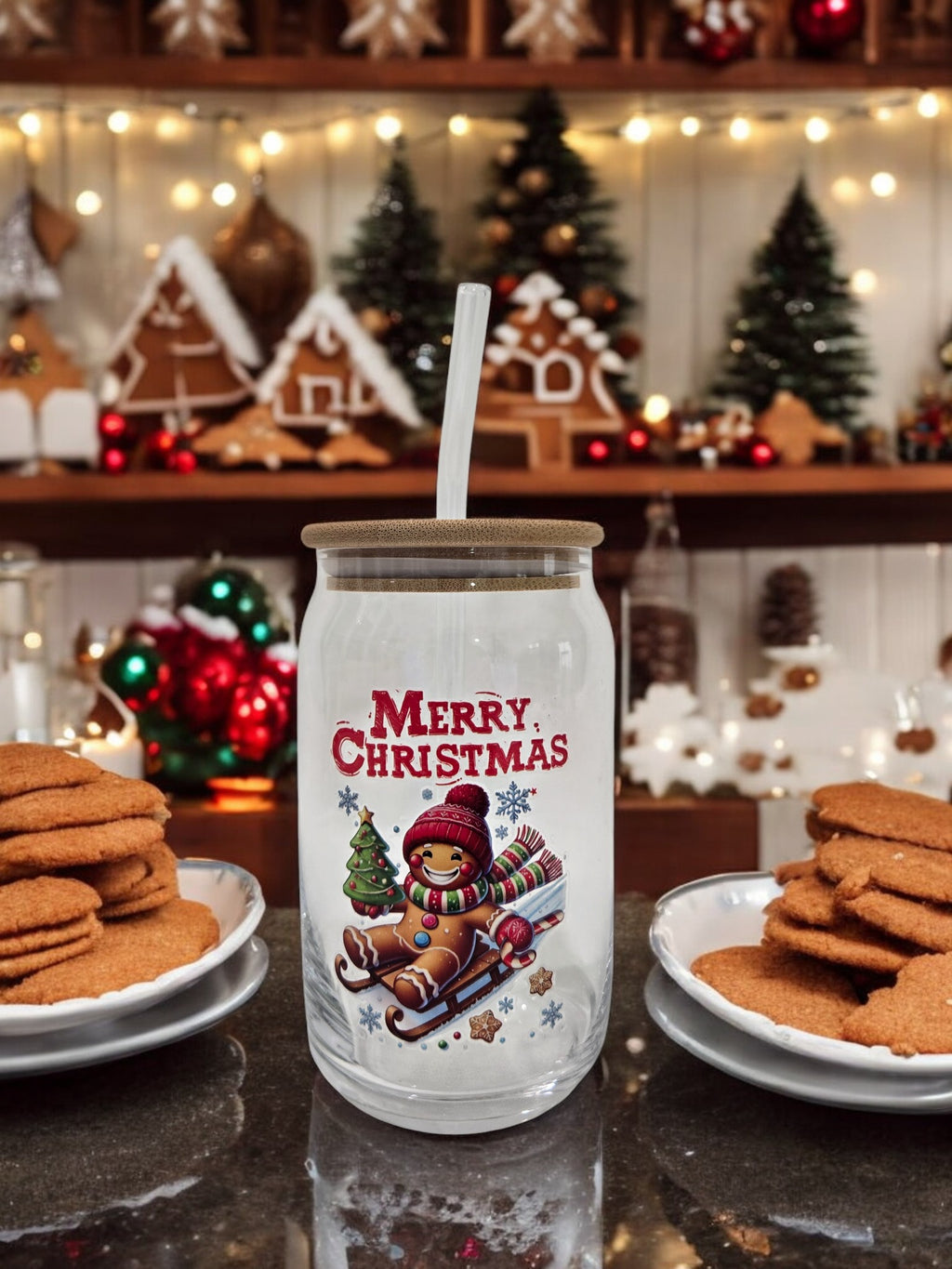 Christmas Glass cup, 17.58 oz, Gingerbread man on a sled with "Merry Christmas"
