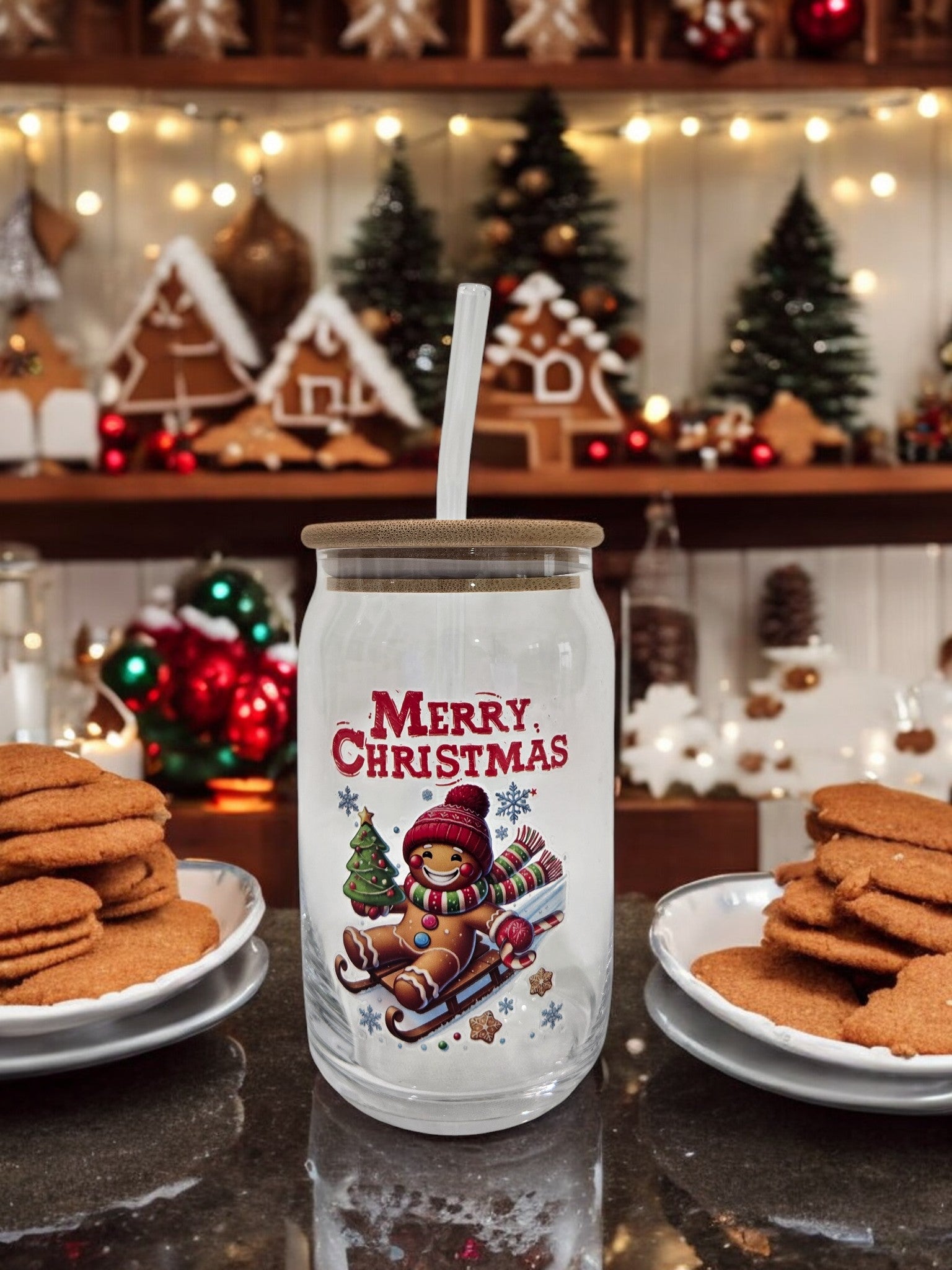 Christmas Glass cup, 17.58 oz, Gingerbread man on a sled with "Merry Christmas"