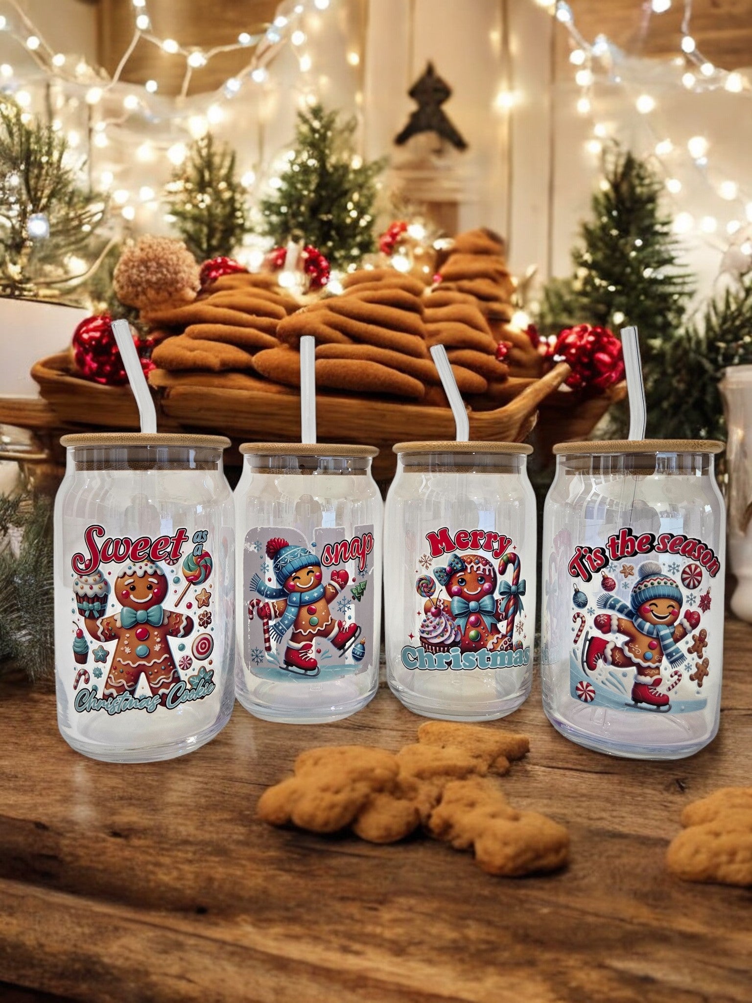 Christmas Glass cup, 17.58 oz, Gingerbread man on a sled with "Merry Christmas"