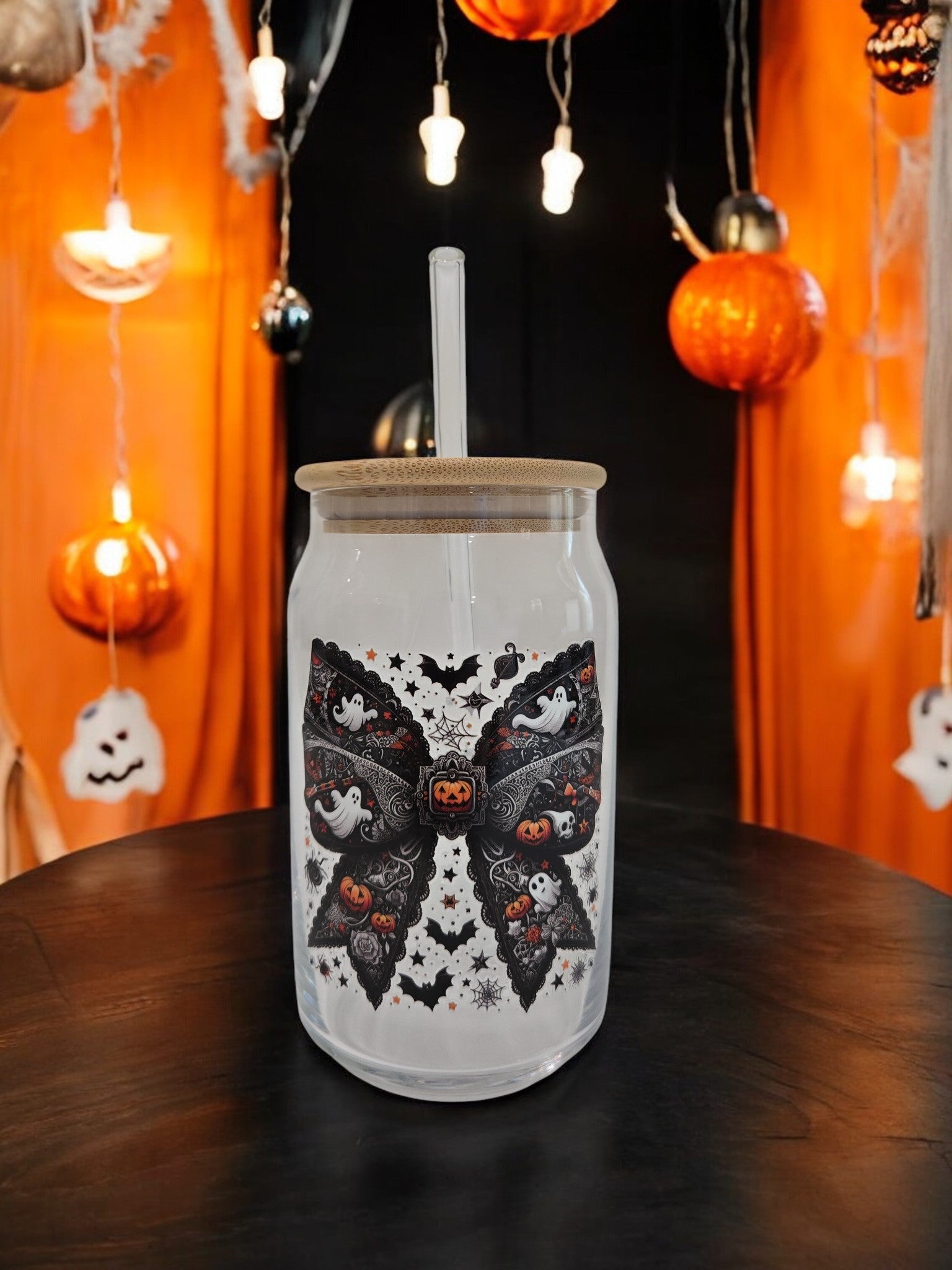 Halloween Glass Cup, 17.58 oz, Black bow with halloween decorations