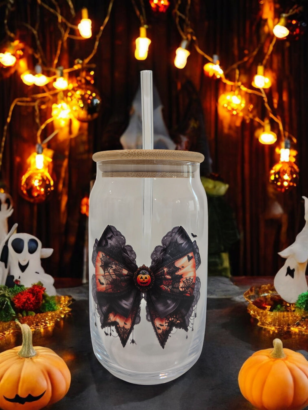 Halloween Glass cup, 17.58 oz, Black with Orange textured Bow