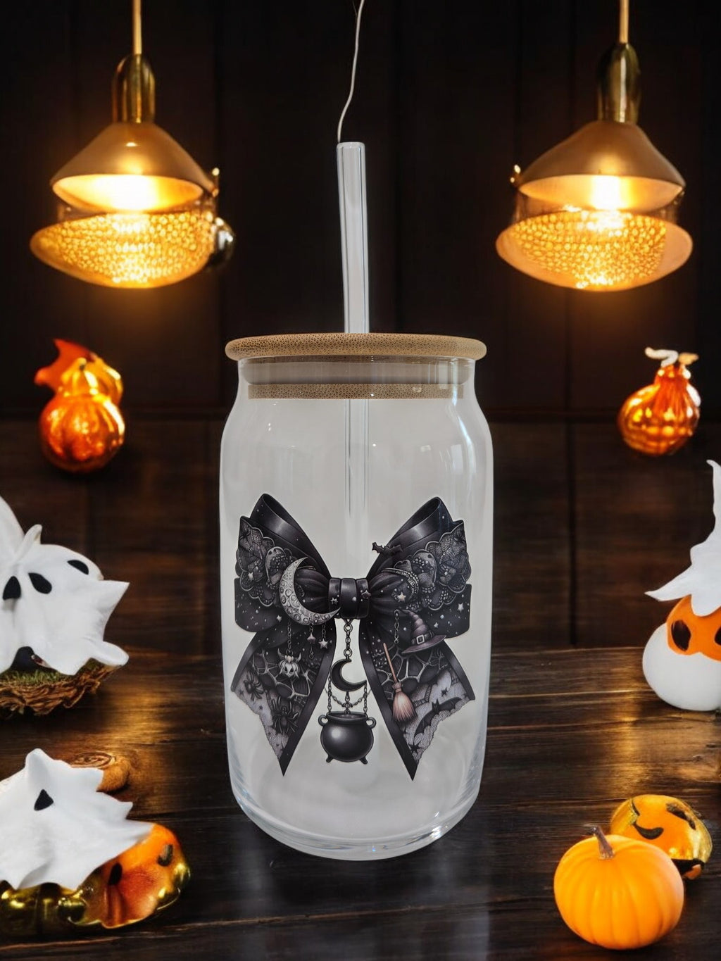 Halloween Glass Cup, 17.58 oz, Black textured riboon and lace, moon and cauldron