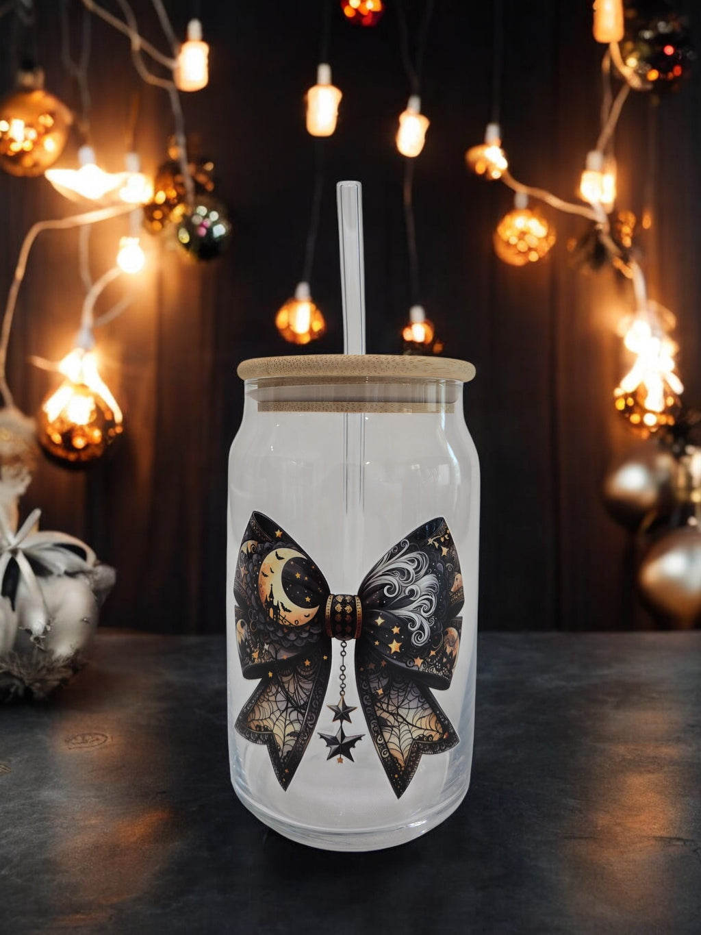 Halloween Glass Cup, 17.58 oz, Black Bow, with lace, moon and star hanging down
