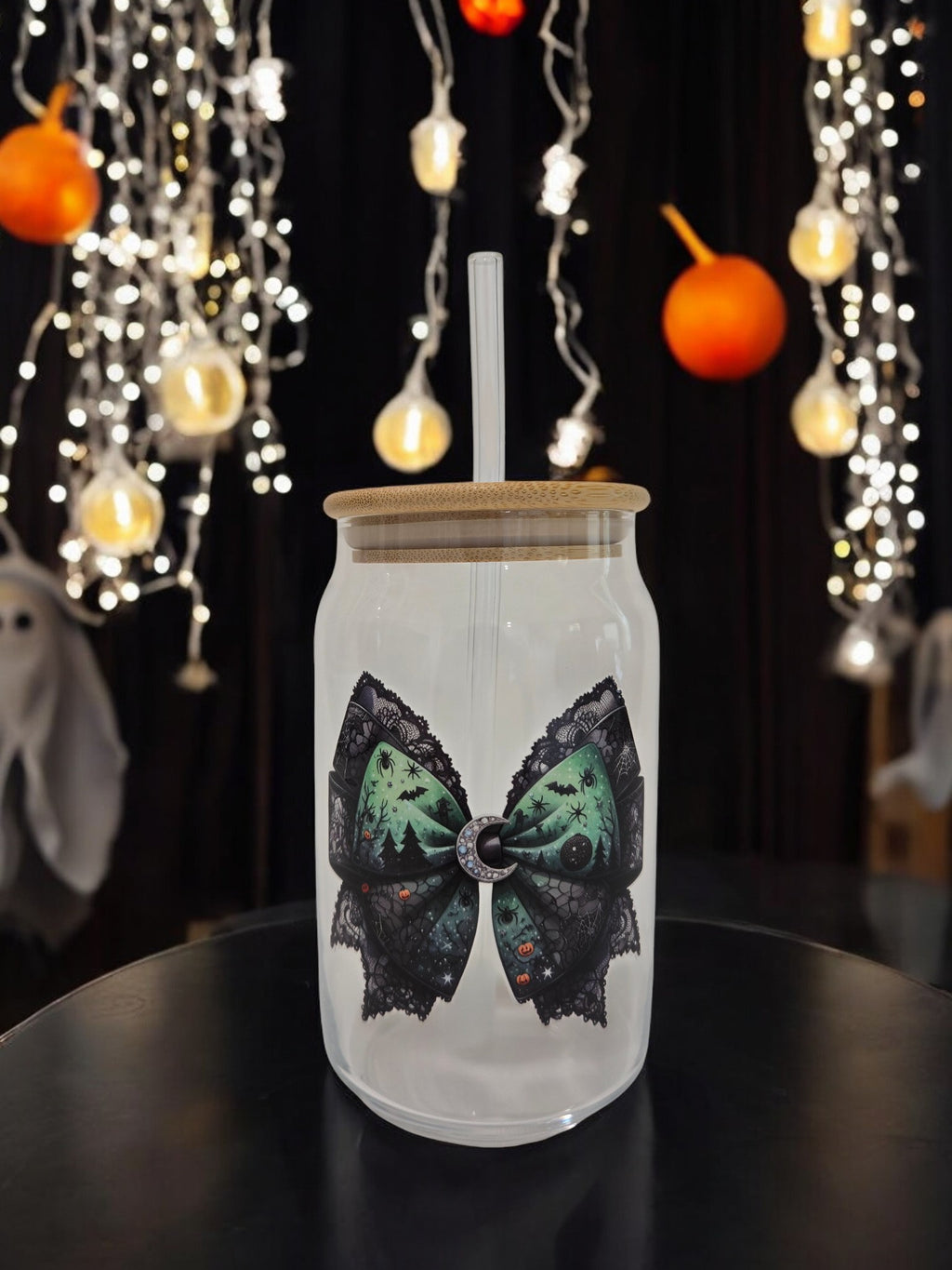 Halloween Glass Cup, 17.58 oz, Black and Green Bow with spiders