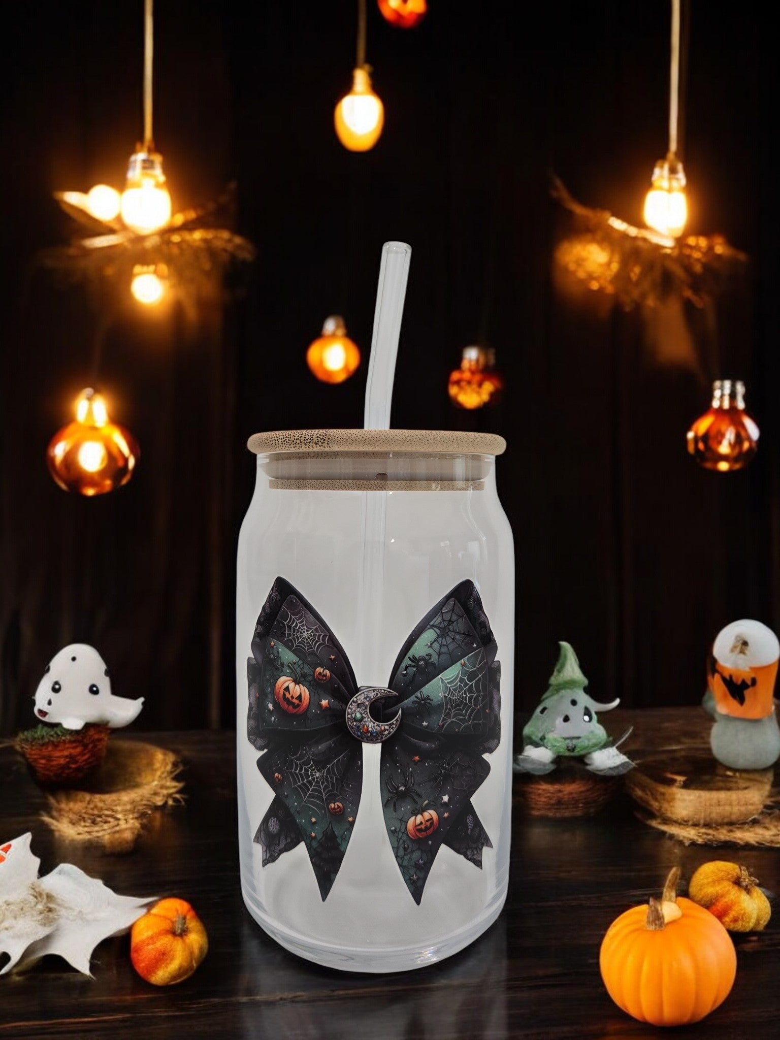 Halloween Glass cup, 17.58 oz, Black and Green Bow, with Pumpkins and a crescent Moon