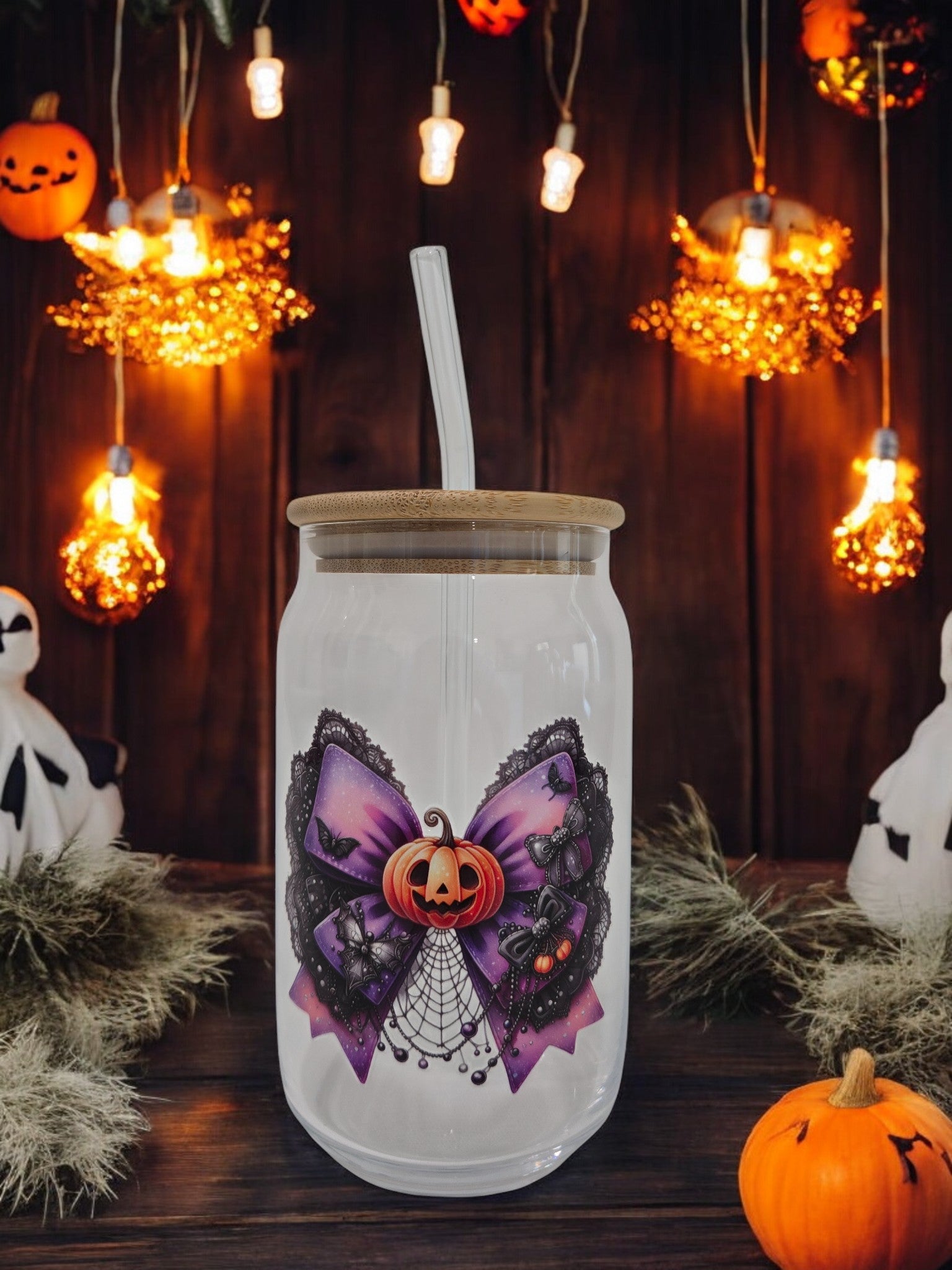 Halloween Glass Cup, 17.58 oz,  Black and Purple Bow