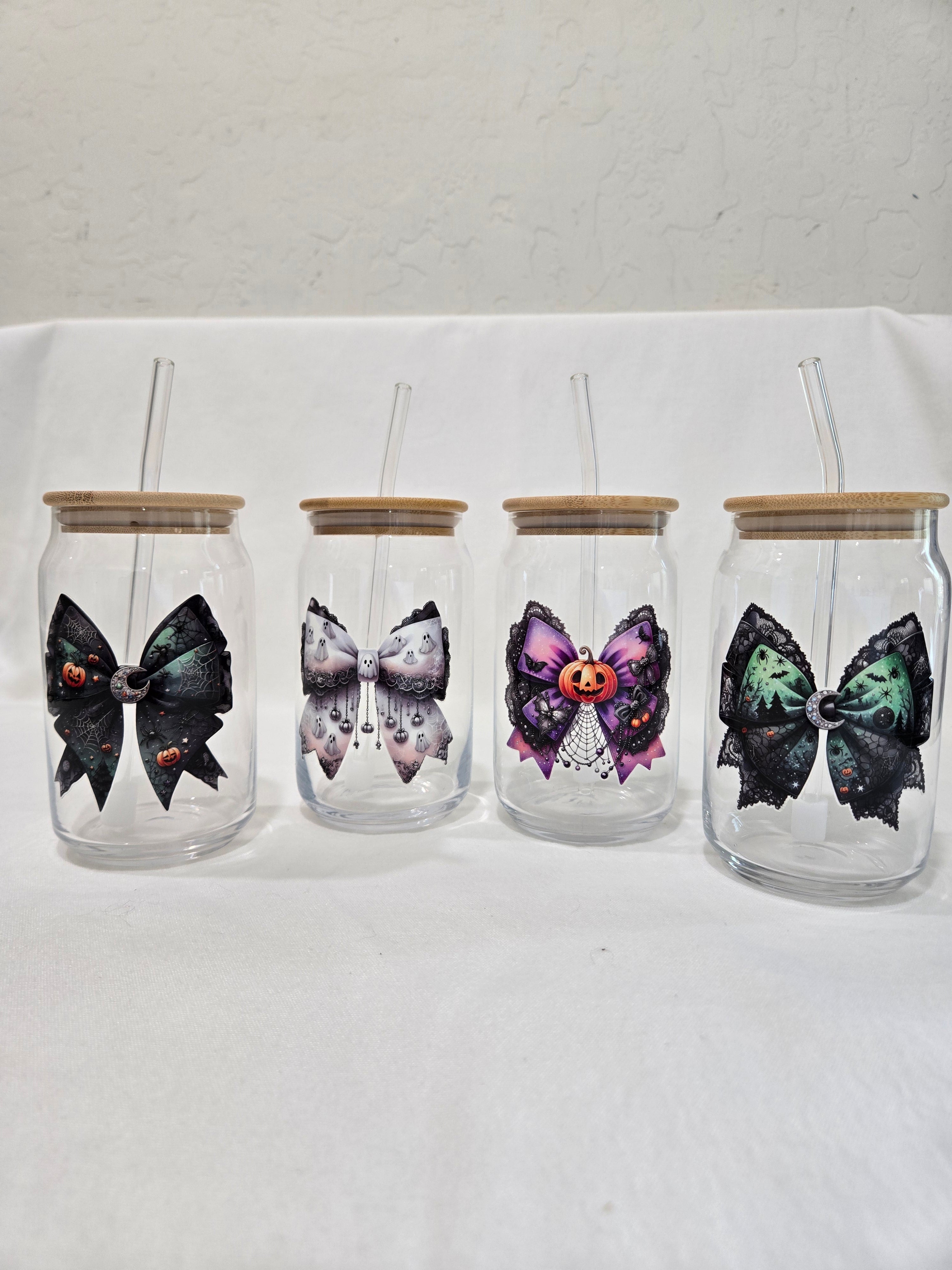 Halloween Glass Cup, 17.58 oz,  Black and Purple Bow