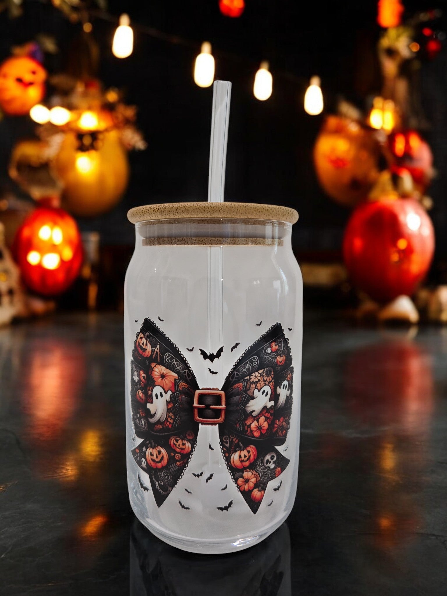 Halloween Glass Can, 17.58 oz, Black Bow with Orange pumpkins and ghosts