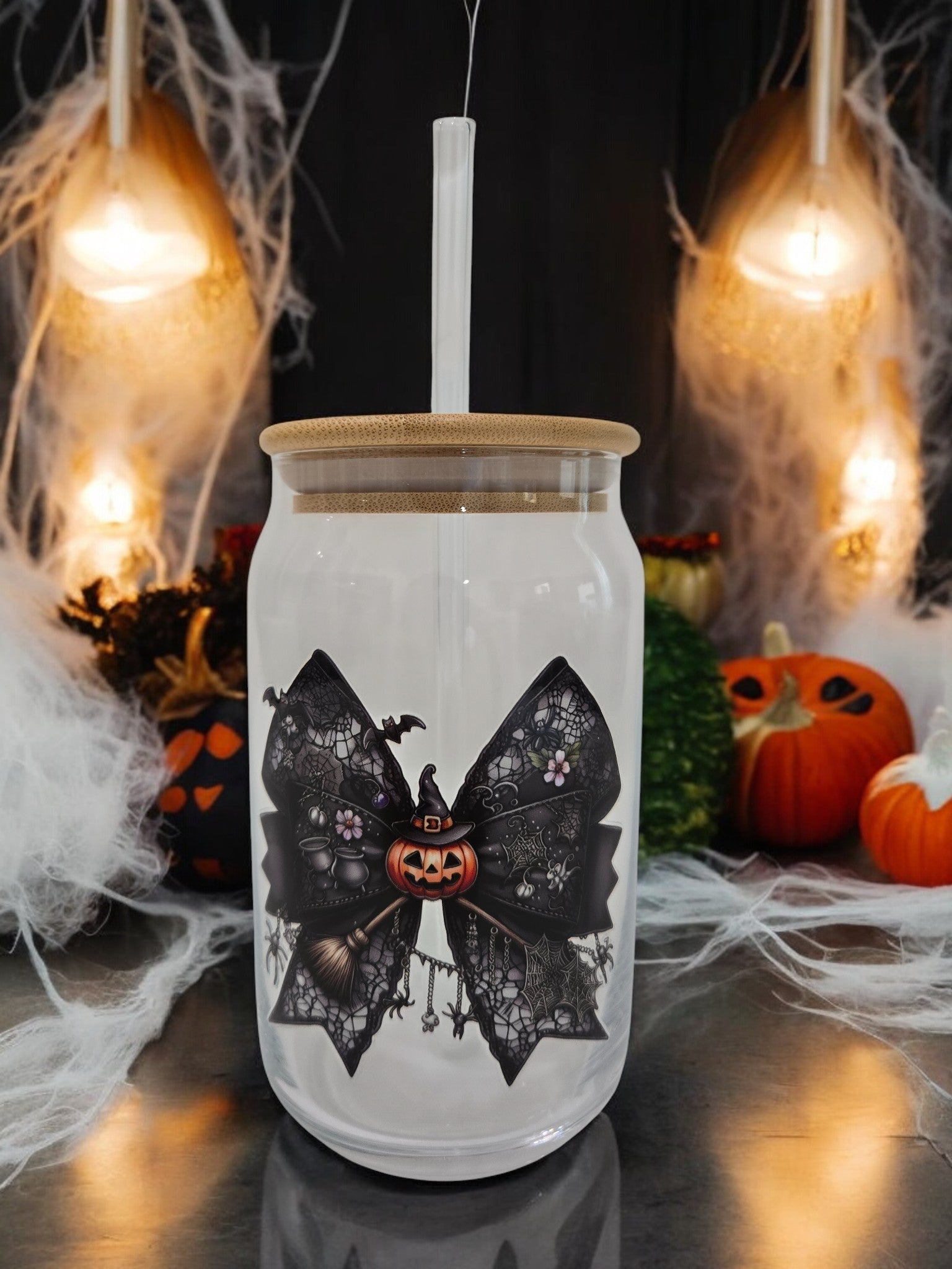 Halloween Glass Cup, 17.58 oz, Black textured bow, spiders, cauldrons