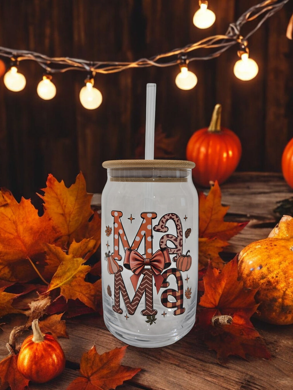 Fall Glass Cup, 17.58 oz, 'Mama" design