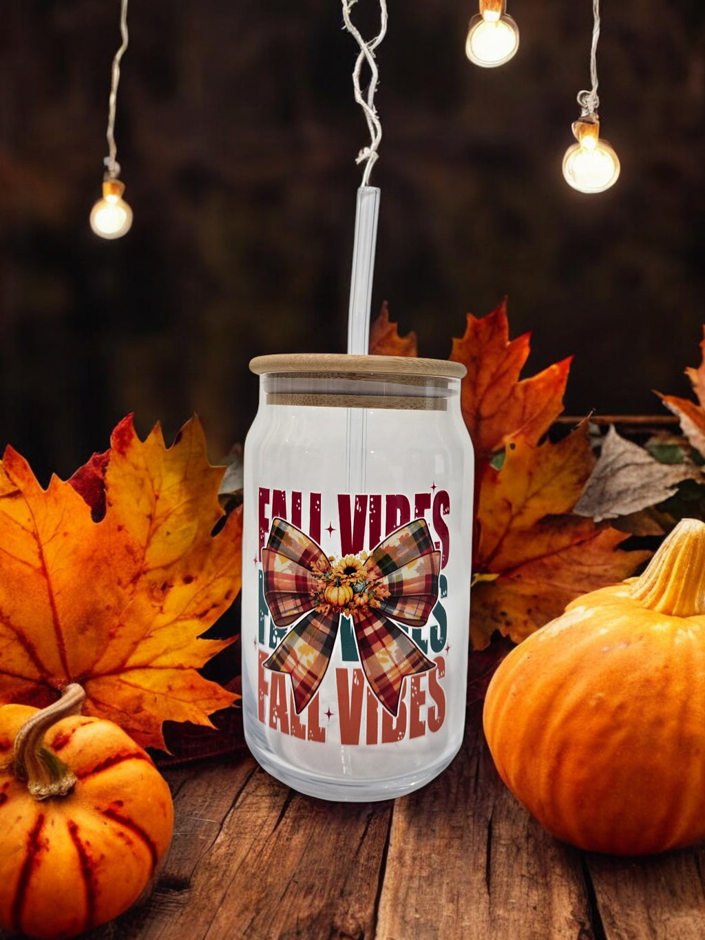 Fall Glass Cup, 17.58 oz, Bow with flowers design