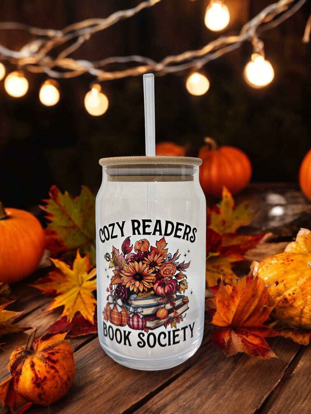 Fall Glass Cup, 17.58 oz, with a "Cozy Readers Book Society" design