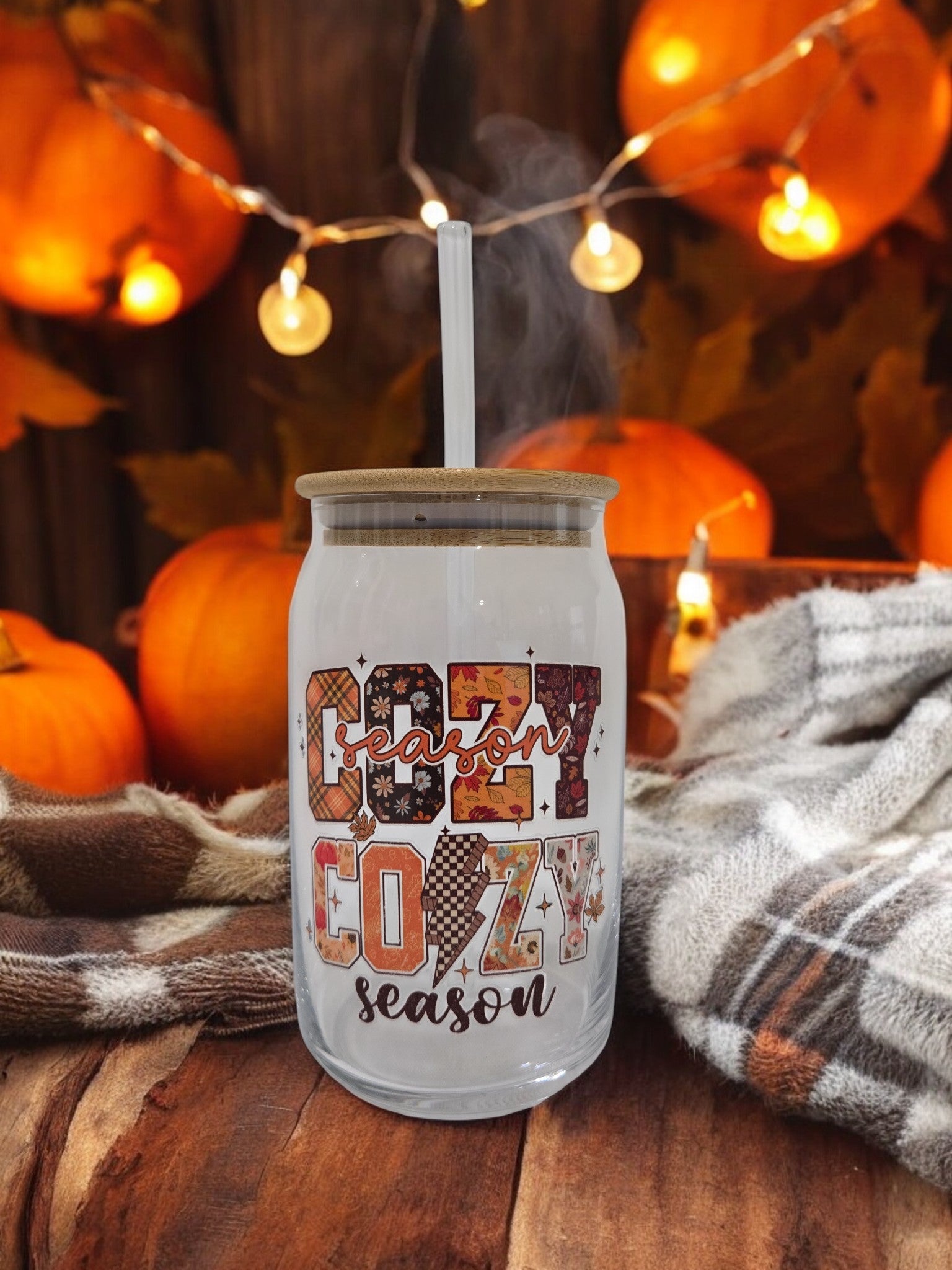 Fall Glass Cup, 17.58 oz with "Cozy Season, Cozy Season" design