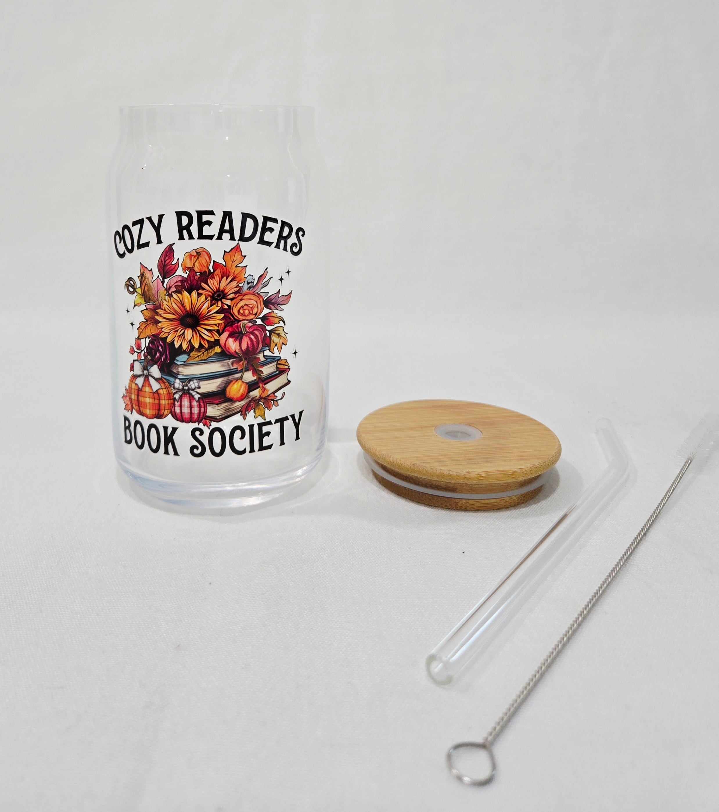 Fall Glass Cup, 17.58 oz, with a "Cozy Readers Book Society" design