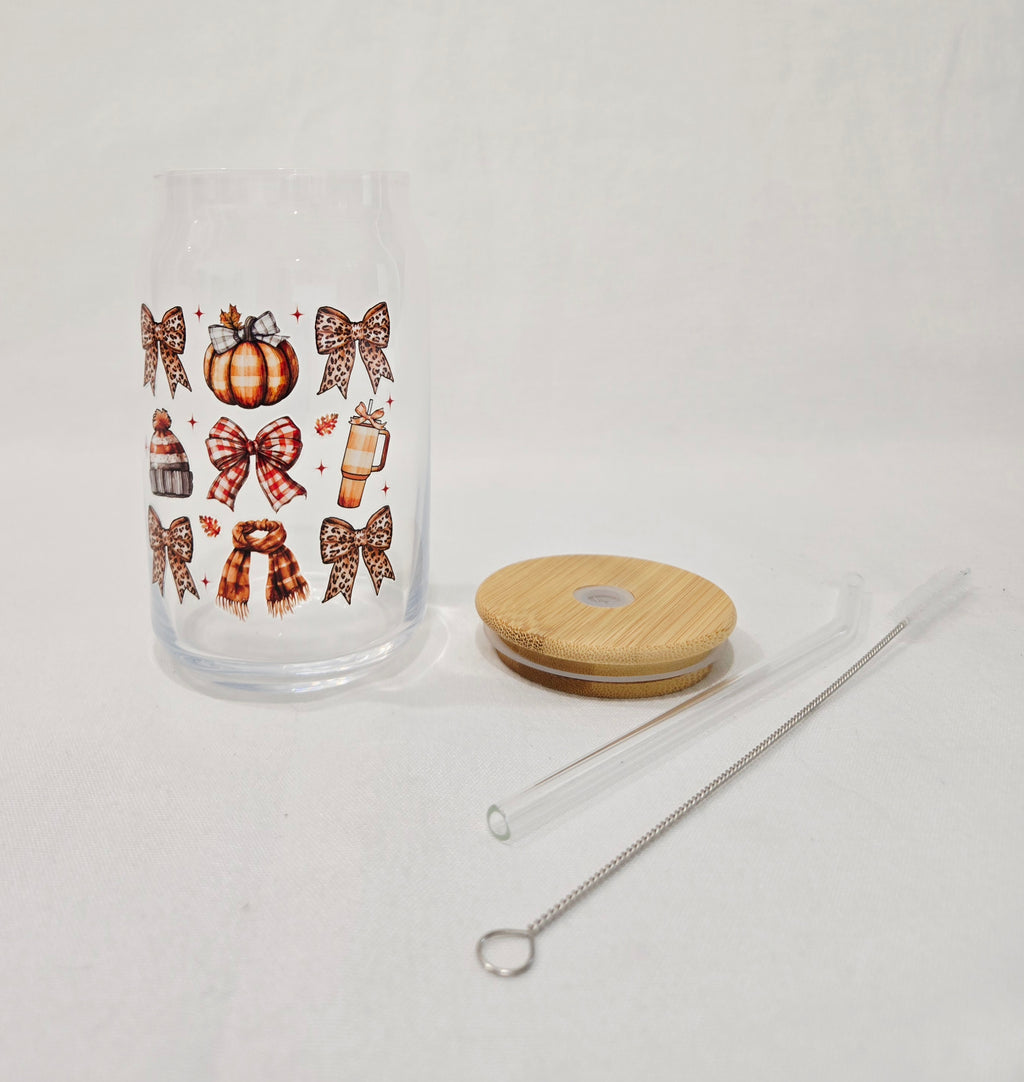 Fall Glass Cup, 17.58 oz, with bows, pumpkins, and scarf design