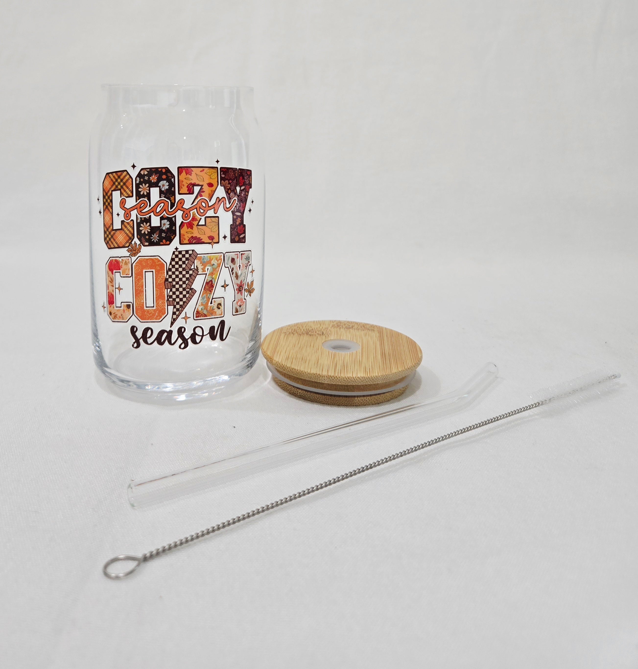 Fall Glass Cup, 17.58 oz with "Cozy Season, Cozy Season" design