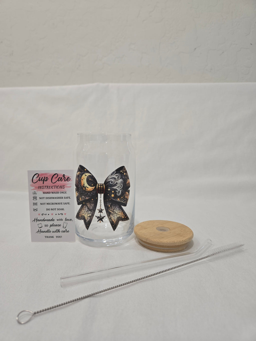 Halloween Glass Cup, 17.58 oz, Black Bow, with lace, moon and star hanging down