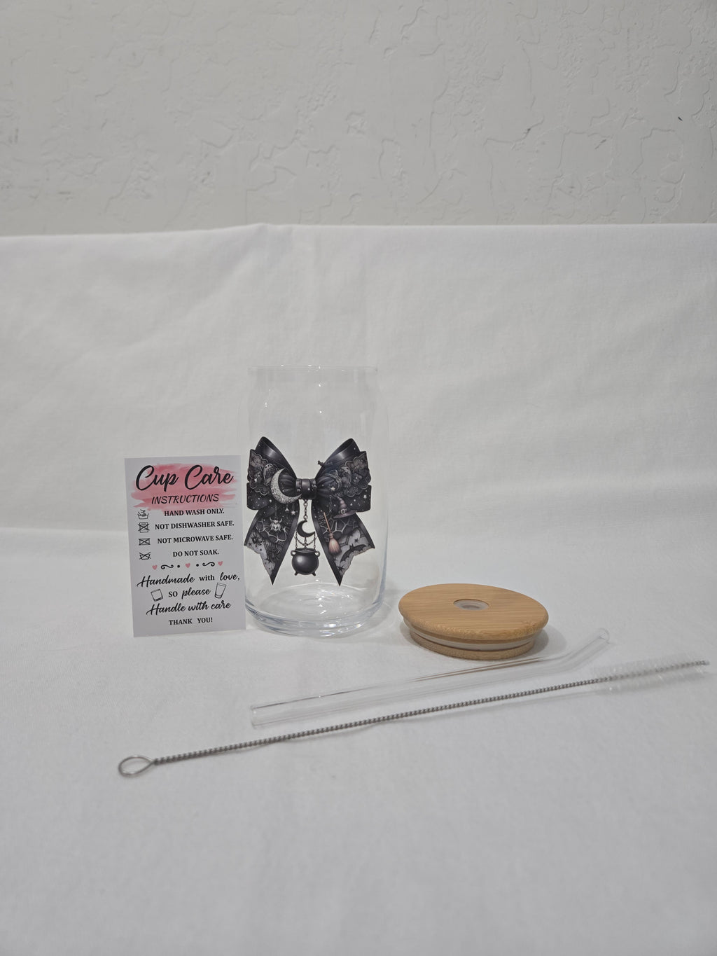 Halloween Glass Cup, 17.58 oz, Black textured riboon and lace, moon and cauldron