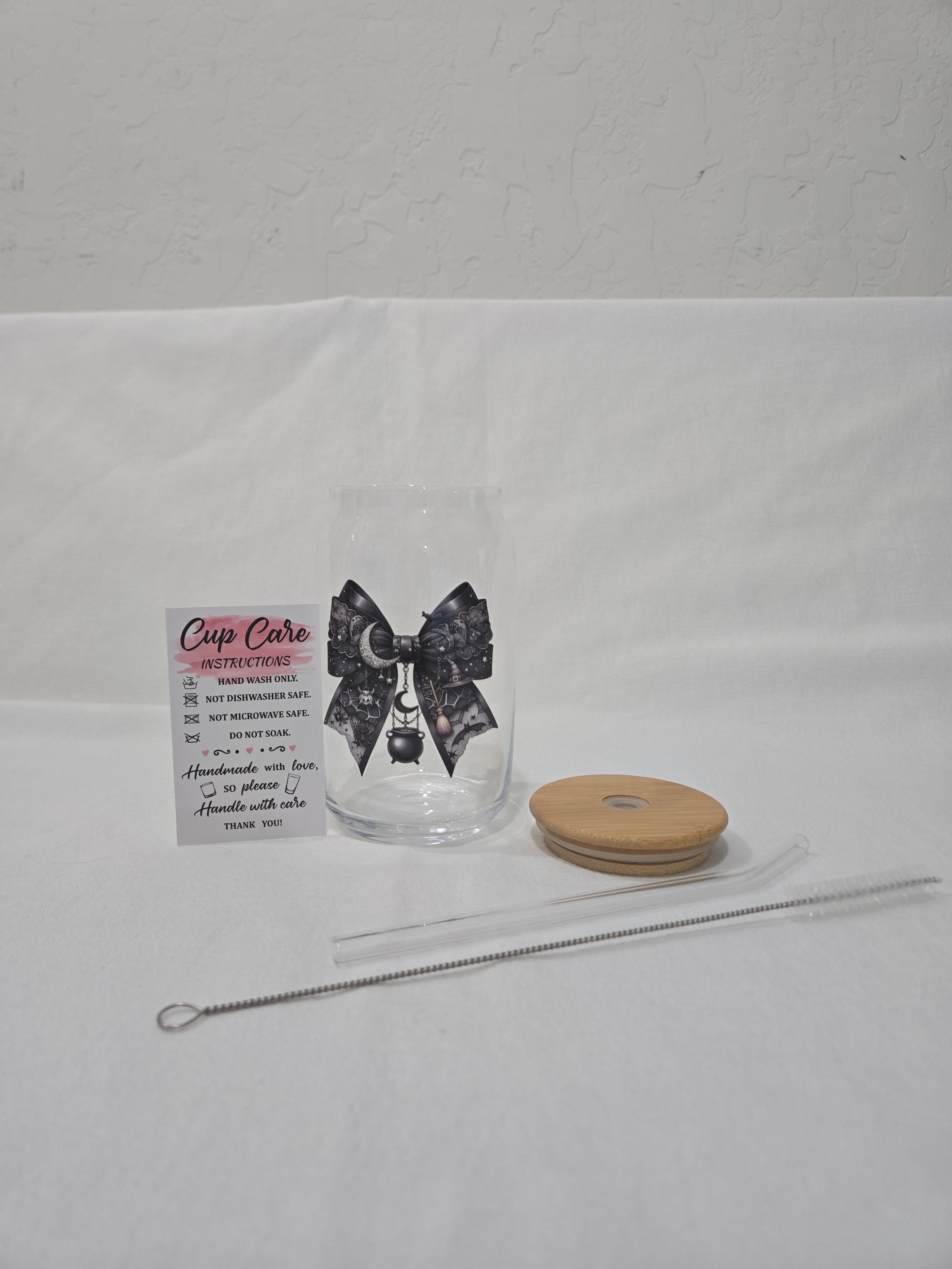Halloween Glass Cup, 17.58 oz, Black textured riboon and lace, moon and cauldron