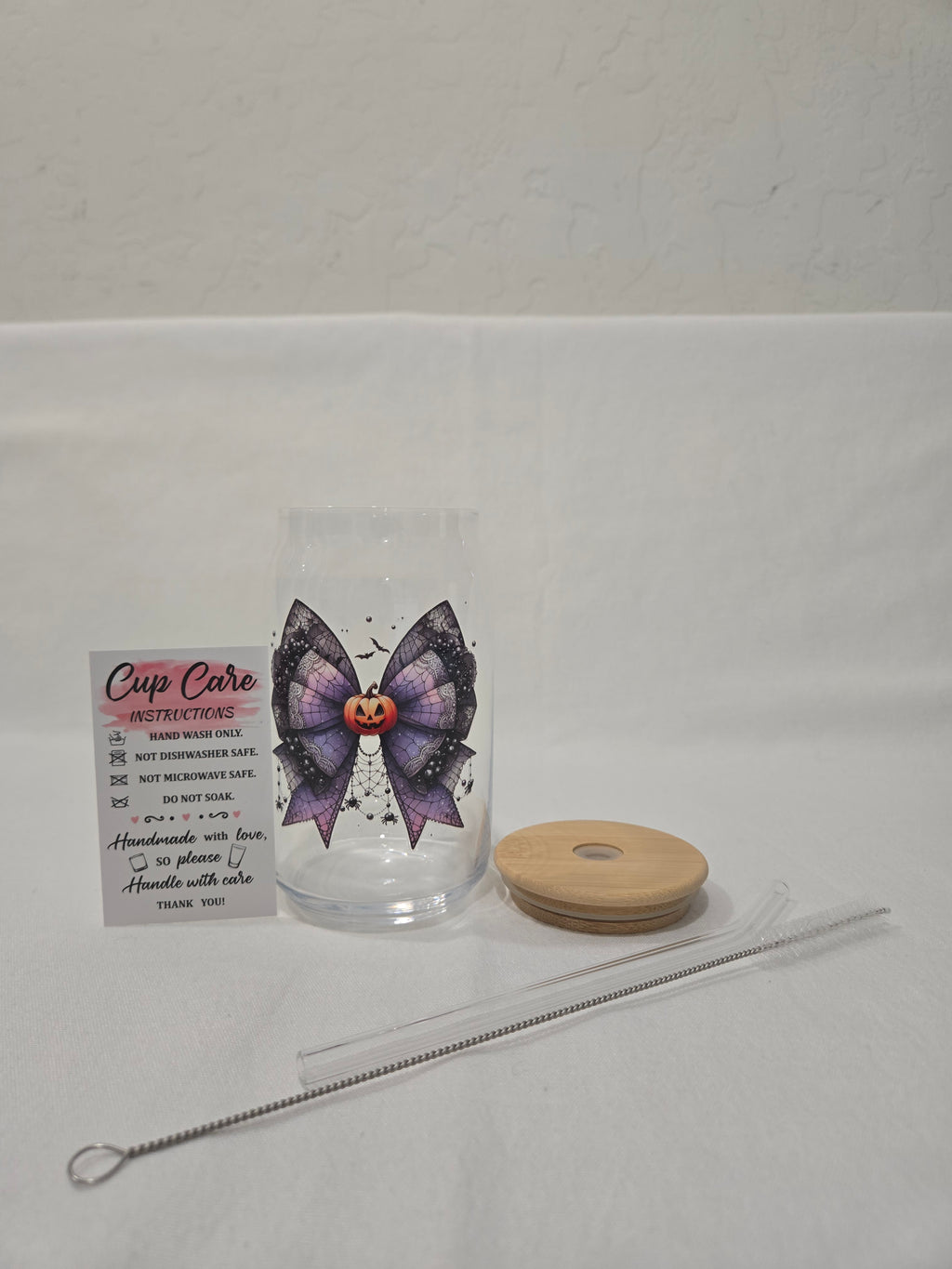 Halloween Glass Cup, 17.58 oz,  Black and Purple Bow