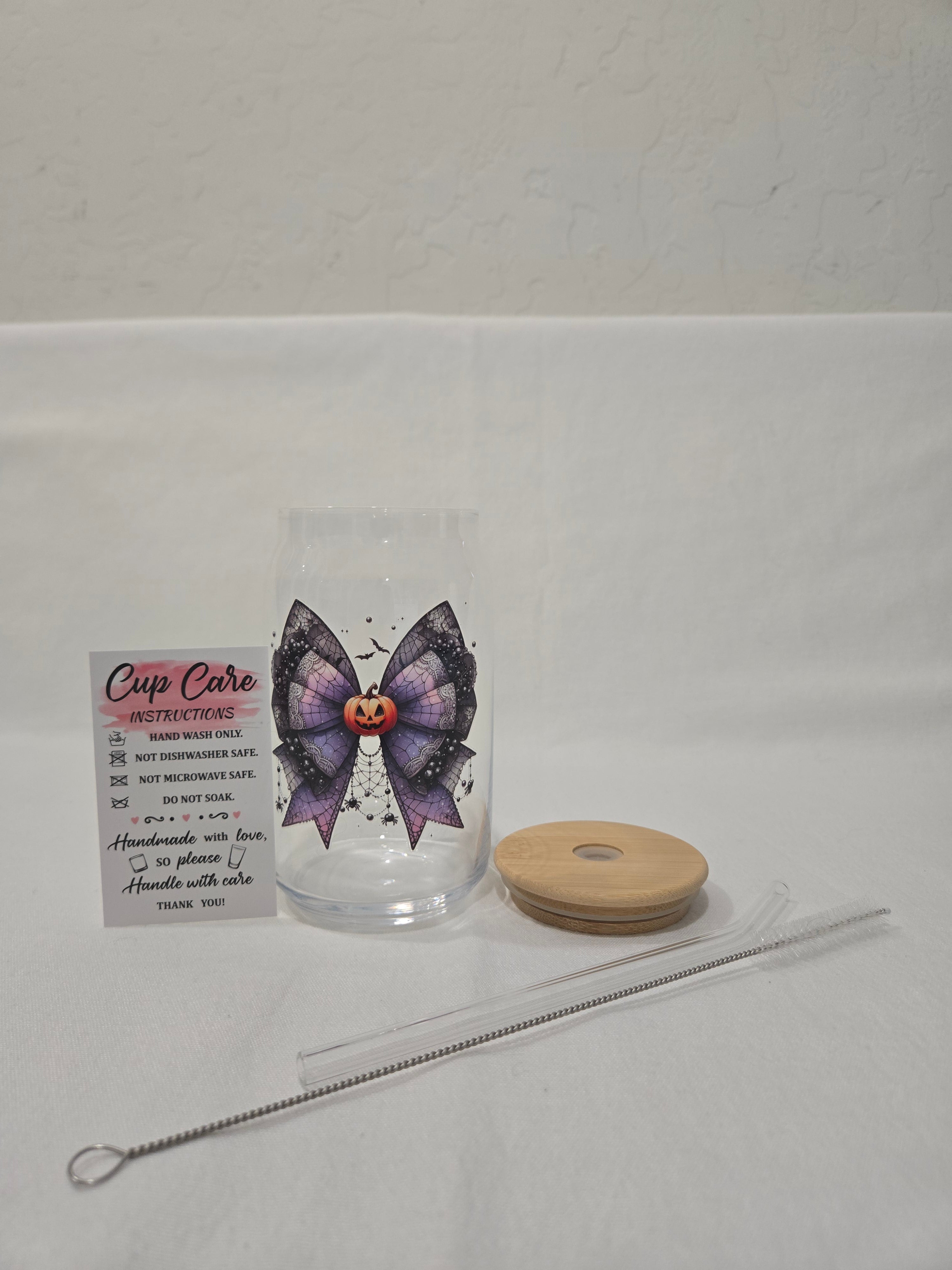 Halloween Glass Cup, 17.58 oz,  Black and Purple Bow