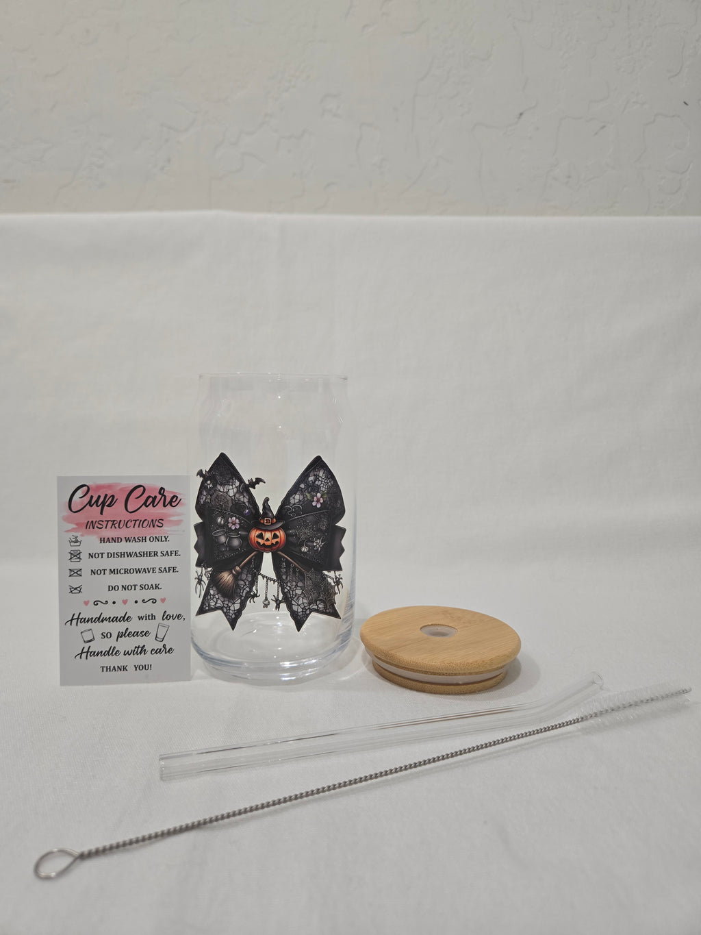 Halloween Glass Cup, 17.58 oz, Black textured bow, spiders, cauldrons