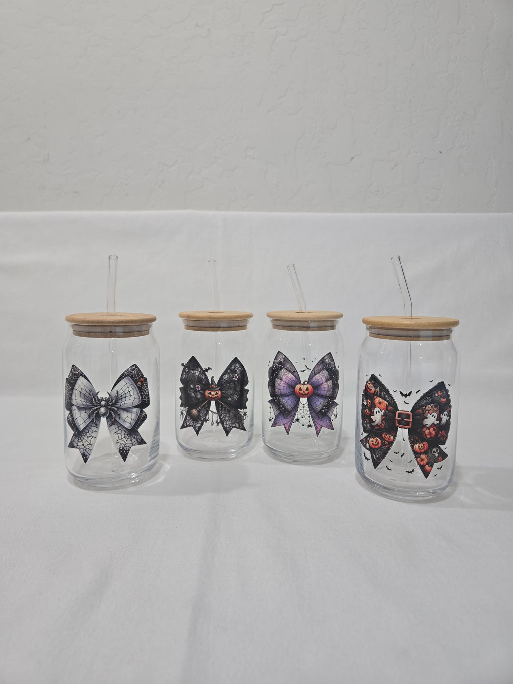 Halloween Glass Can, 17.58 oz, Black Bow with Orange pumpkins and ghosts