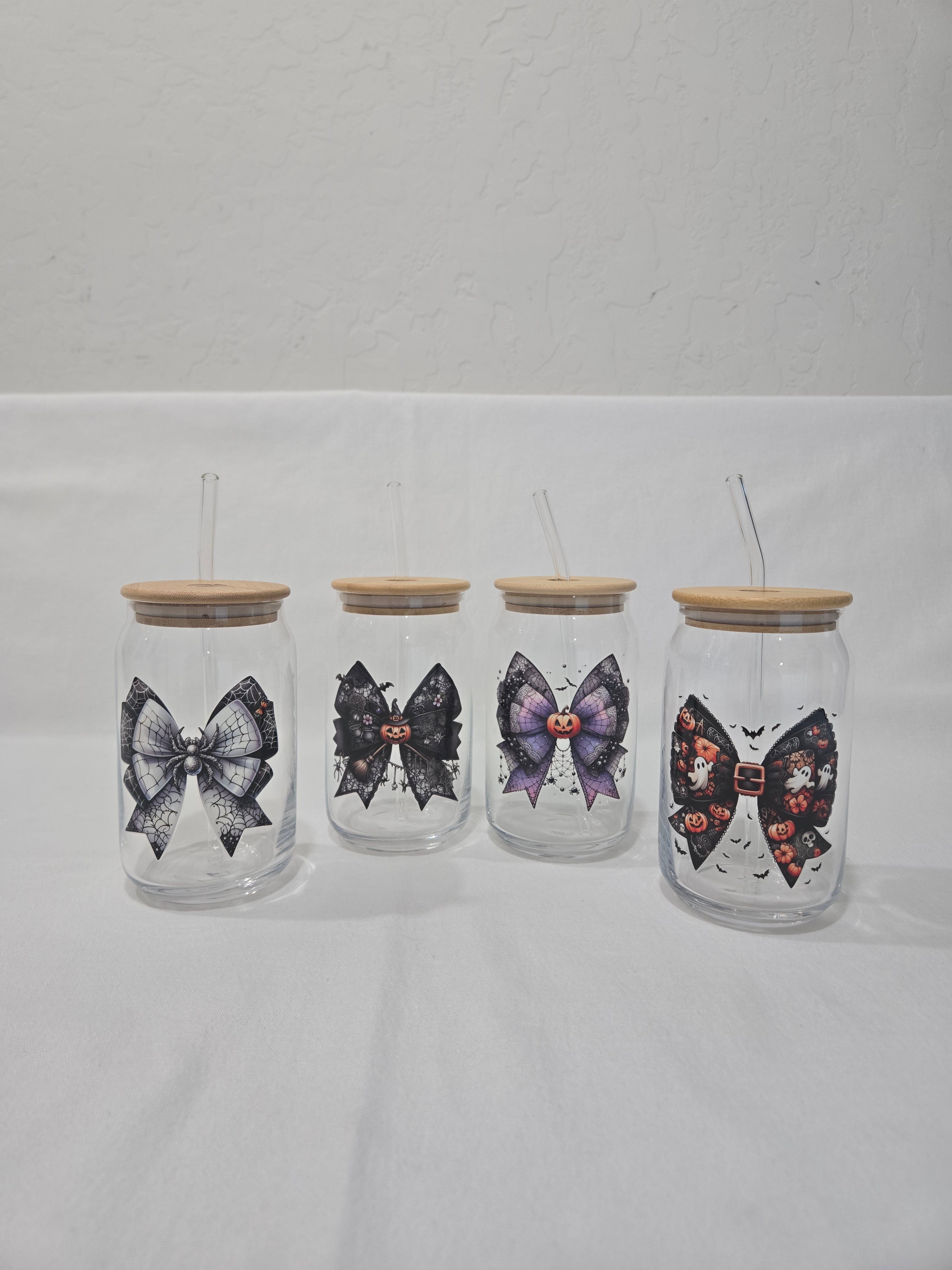 Halloween Glass Can, 17.58 oz, Black Bow with Orange pumpkins and ghosts