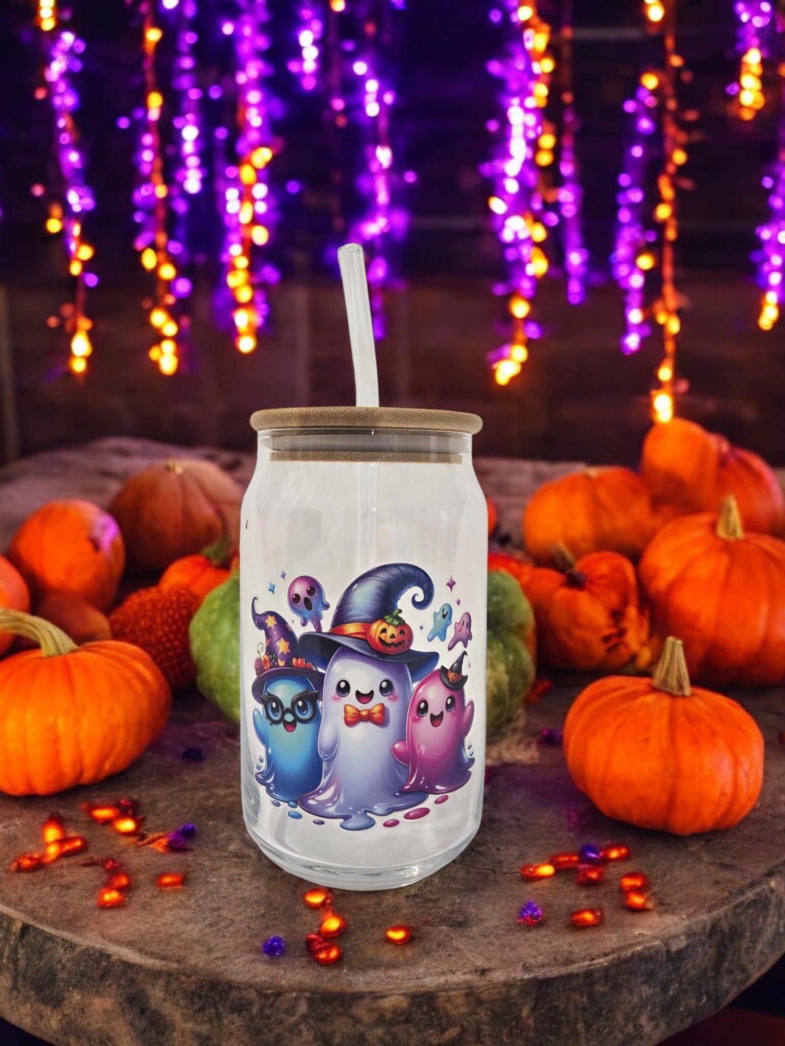 Halloween Glass Cup, 17.58 oz, Trio of Ghosts, wearing hats, glasses, bowtie