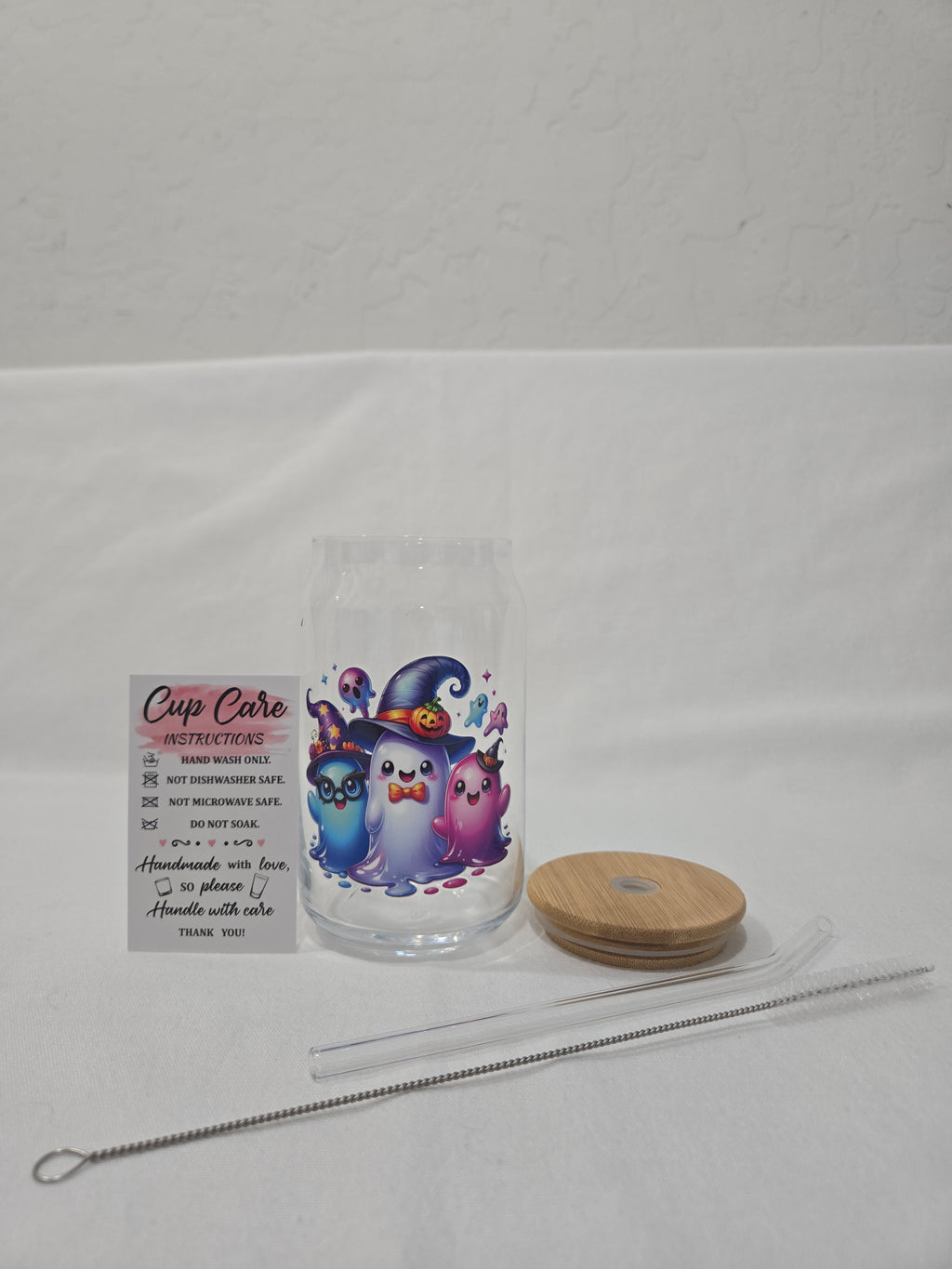 Halloween Glass Cup, 17.58 oz, Trio of Ghosts, wearing hats, glasses, bowtie