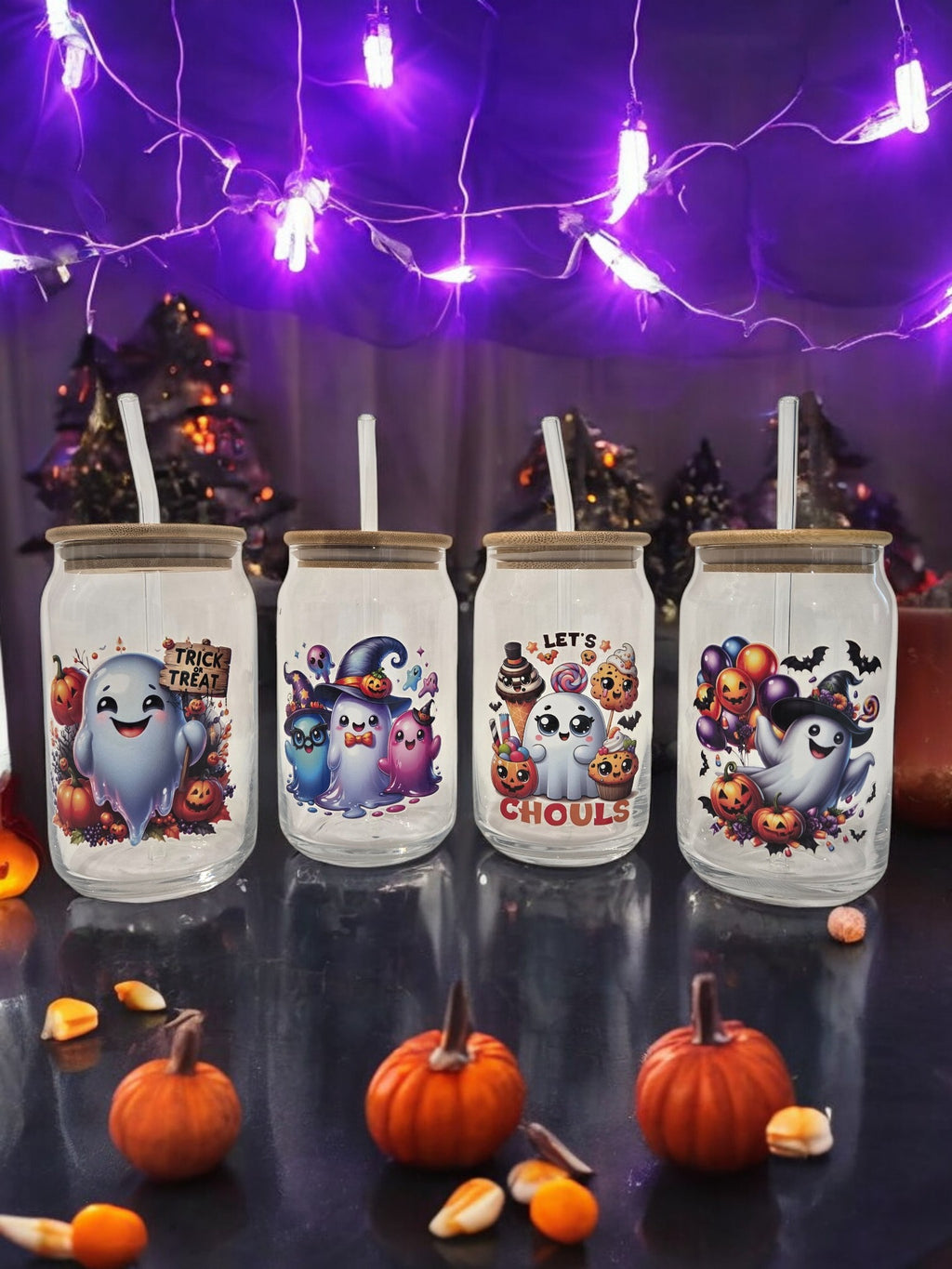 Halloween Glass Cup, 17.58 oz, Trio of Ghosts, wearing hats, glasses, bowtie