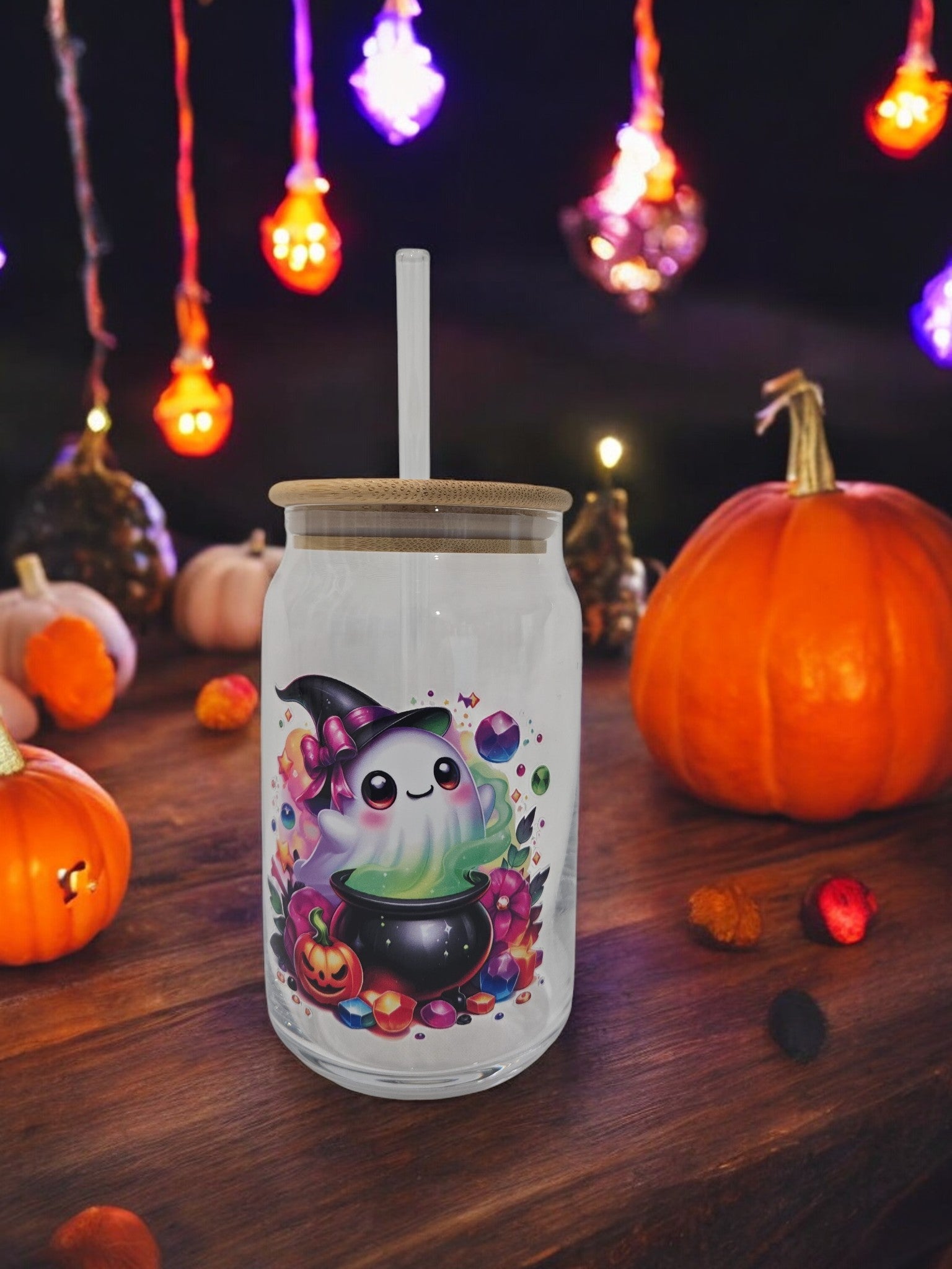 Halloween Glass cup, 17.58 oz, Ghost wearing witch hat and cauldron design