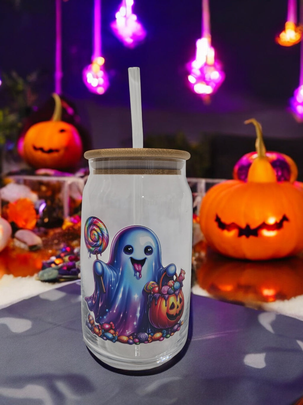 Halloween Glass Cup, 17.58 oz, Halloween Ghost with pumpkin bucket and candy design