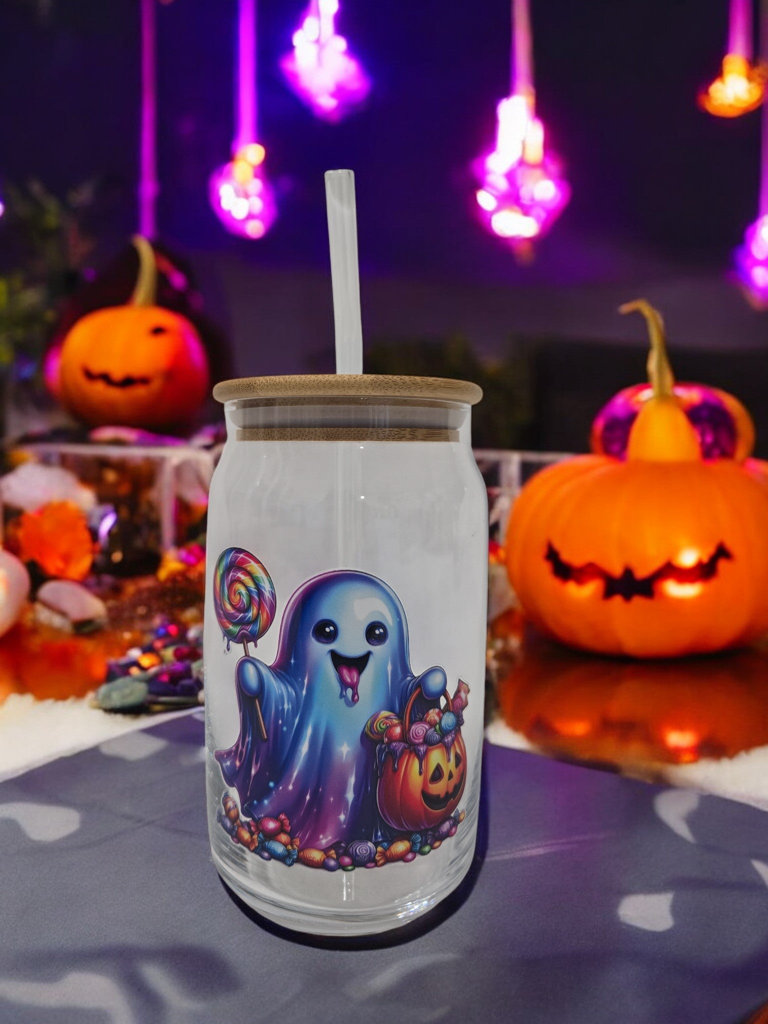 Halloween Glass Cup, 17.58 oz, Halloween Ghost with pumpkin bucket and candy design