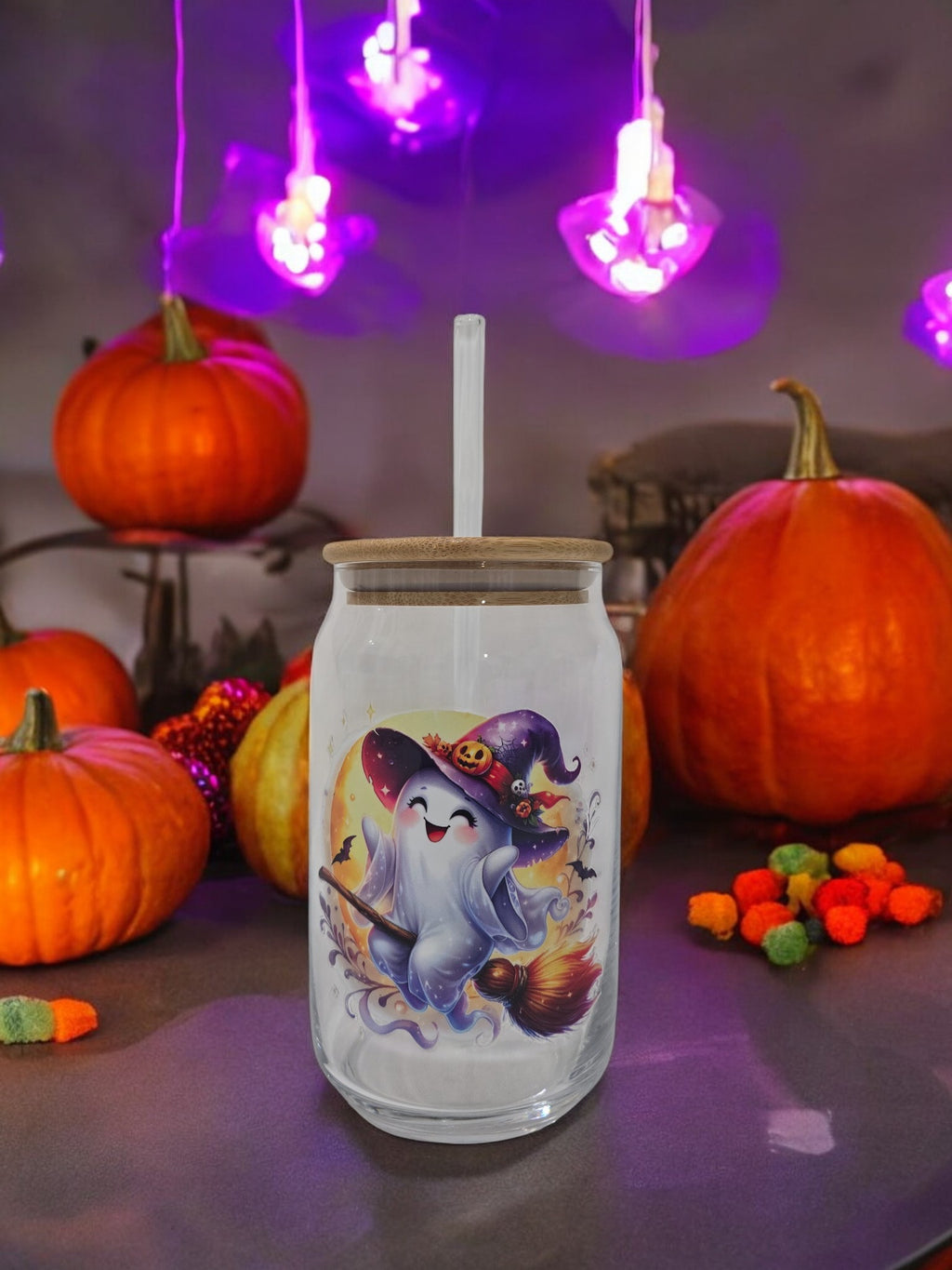 Halloween Glass cup, 17.58 oz, Ghost witch riding a broom design
