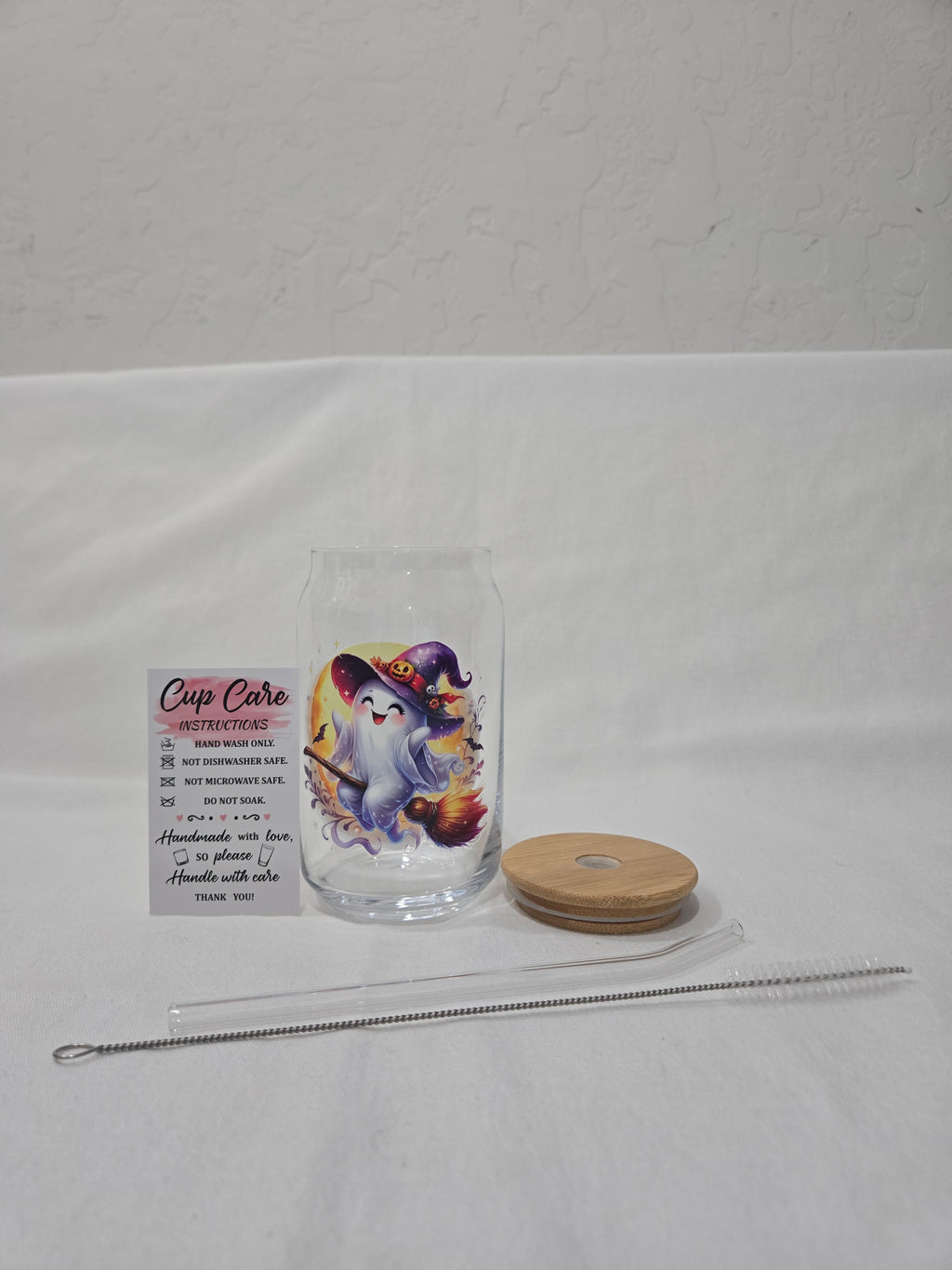 Halloween Glass cup, 17.58 oz, Ghost witch riding a broom design