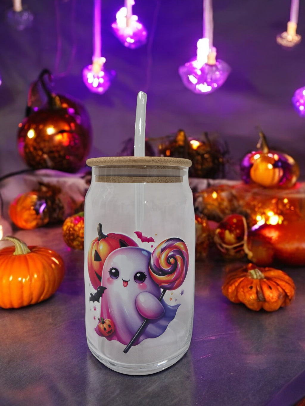 Halloween Glass cup, 17.58 oz, Ghost with  pumpkin and a lollipop design