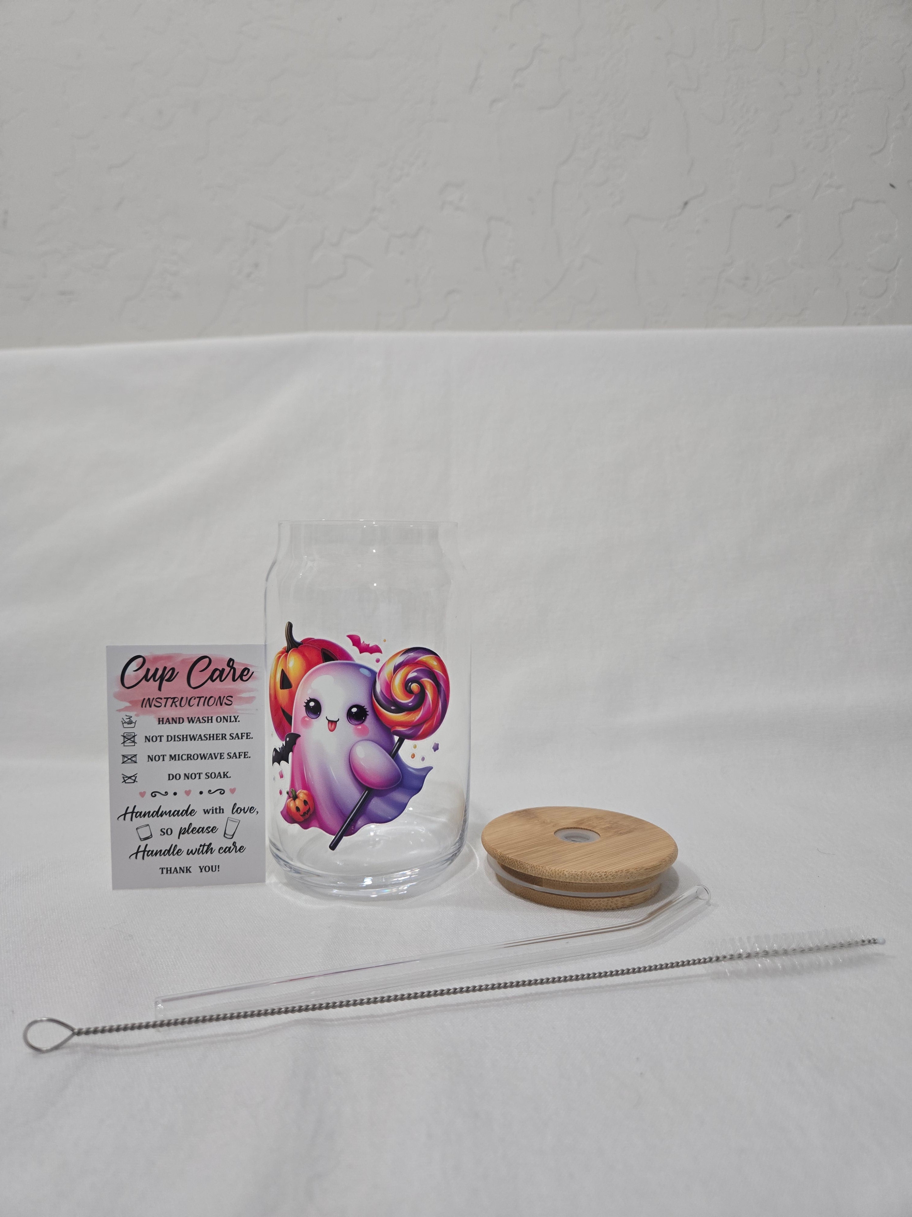 Halloween Glass cup, 17.58 oz, Ghost with  pumpkin and a lollipop design