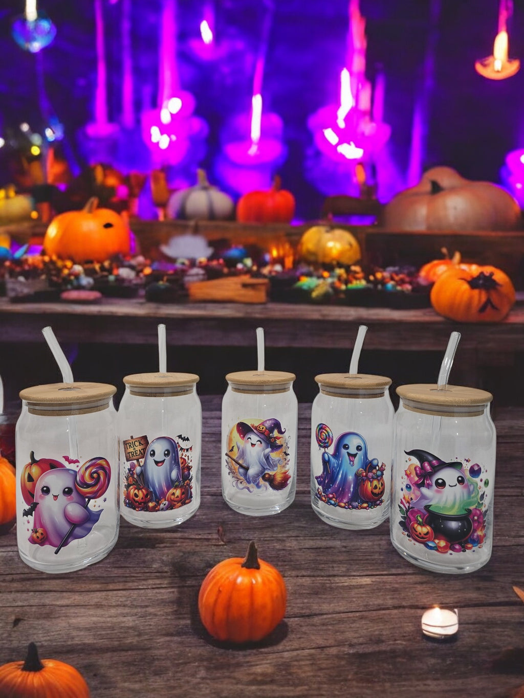 Halloween Glass cup, 17.58 oz, Ghost witch riding a broom design