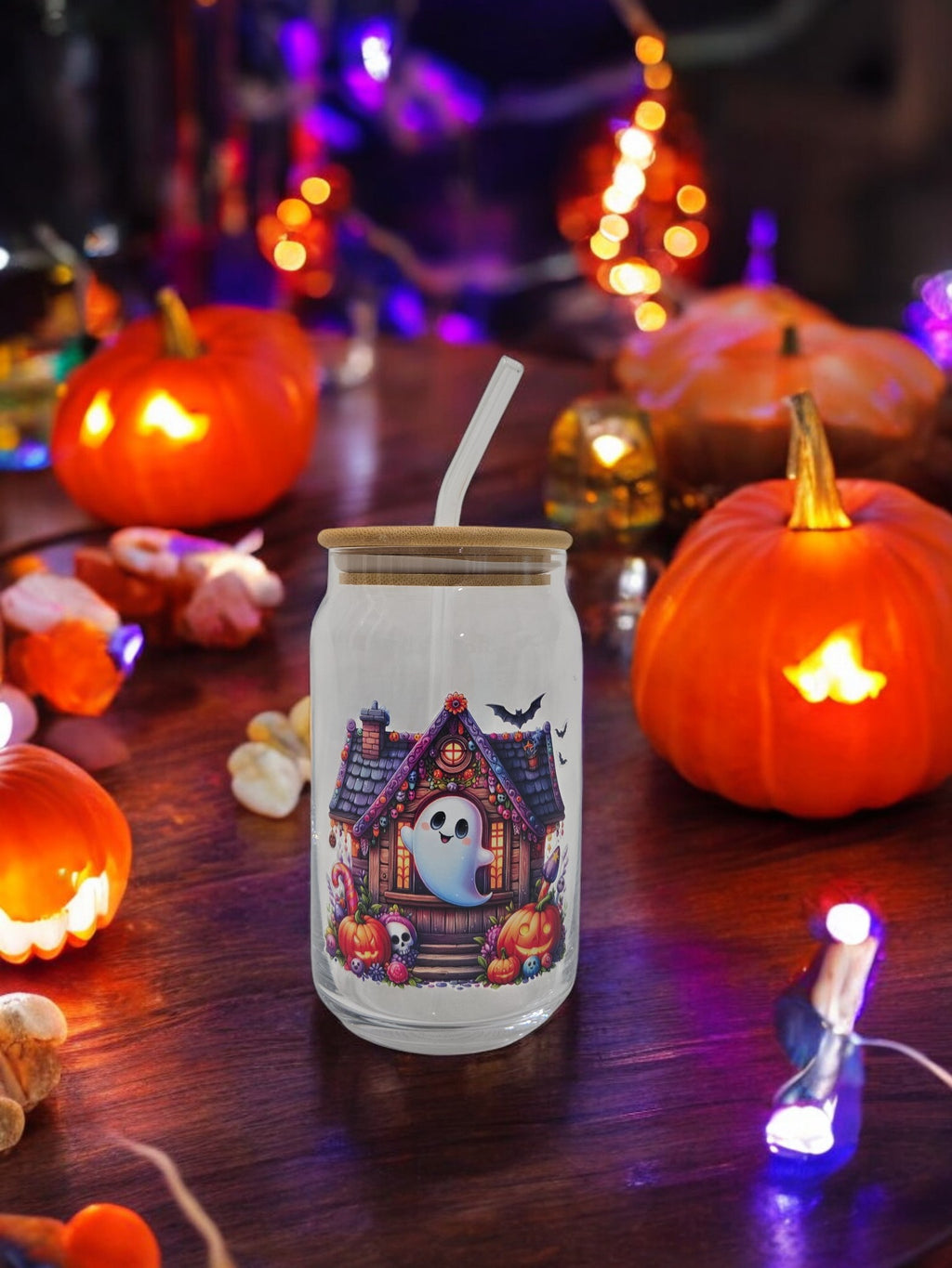 Halloween Glass Cup, 17.58 oz, Ghost with a house design