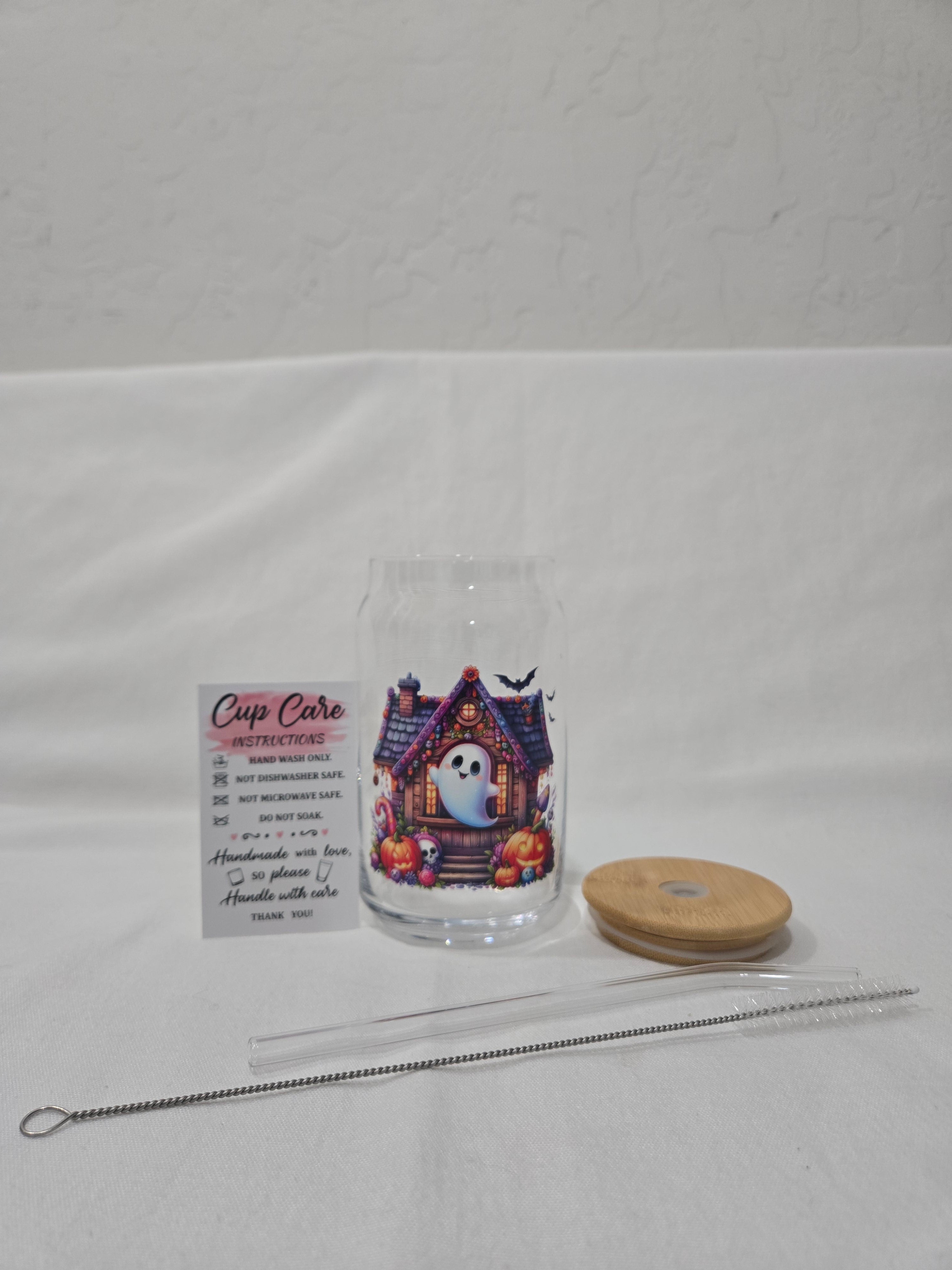 Halloween Glass Cup, 17.58 oz, Ghost with a house design