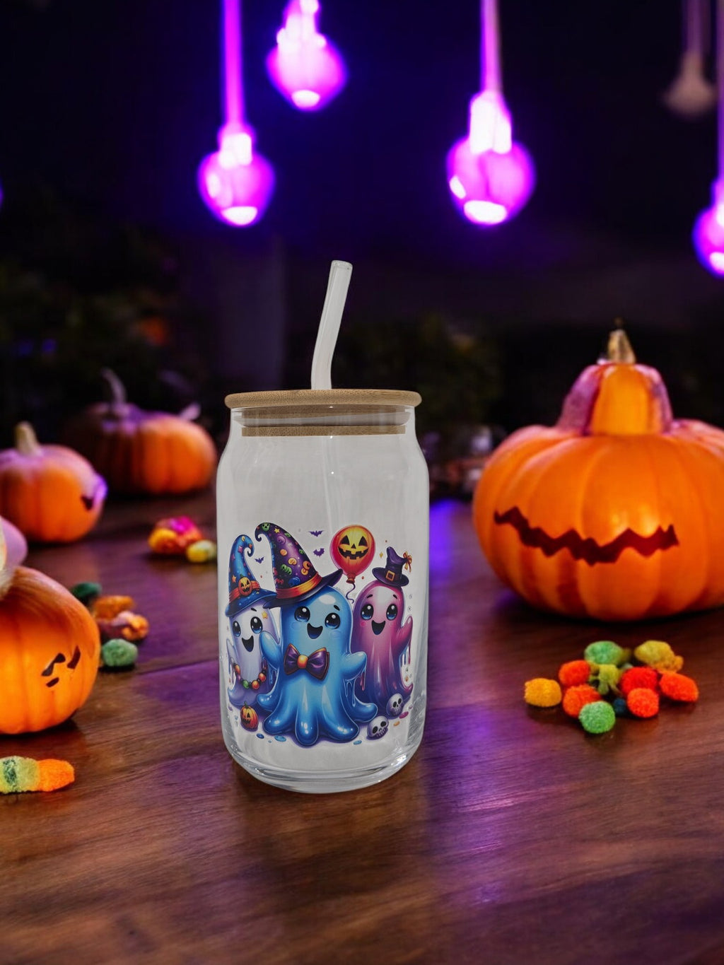 Halloween Glass Cup, 17.58 oz, Trio of Ghosts, witch hats,orange pumpkin balloon design