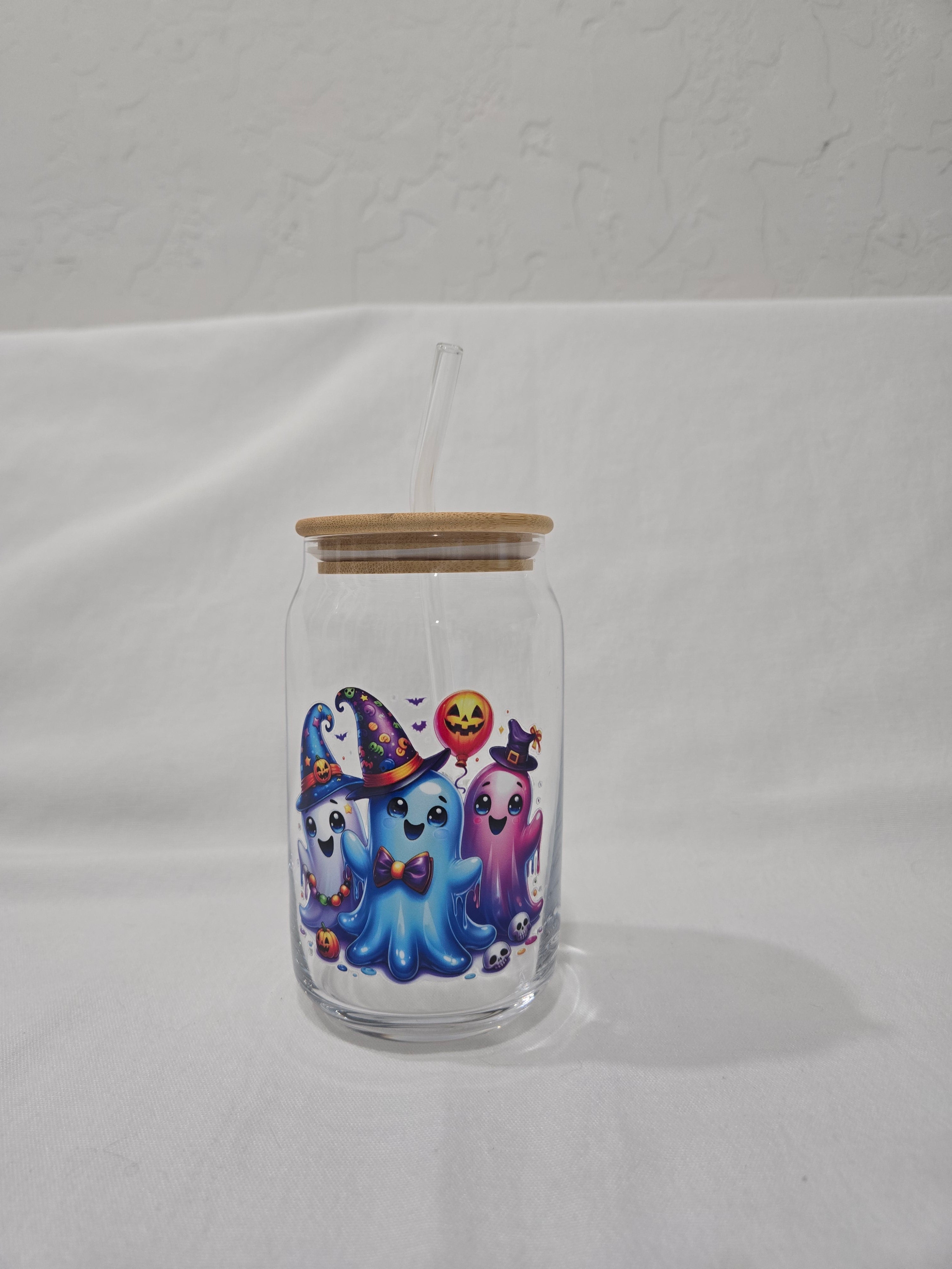 Halloween Glass Cup, 17.58 oz, Trio of Ghosts, witch hats,orange pumpkin balloon design