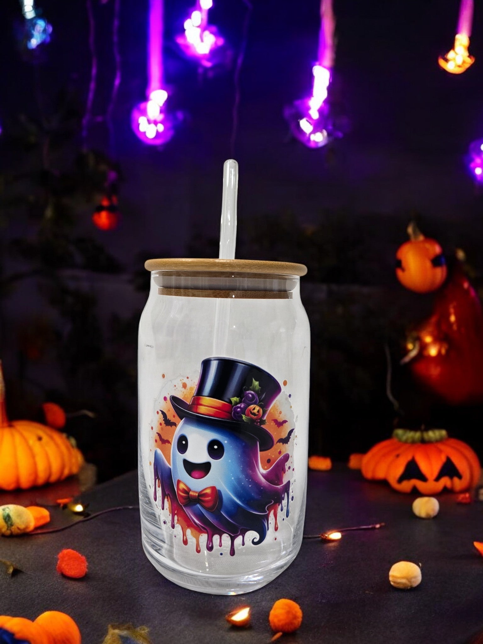 Halloween Glass Cup, 17.58 oz, Ghost Magician with Hat and Bow tie