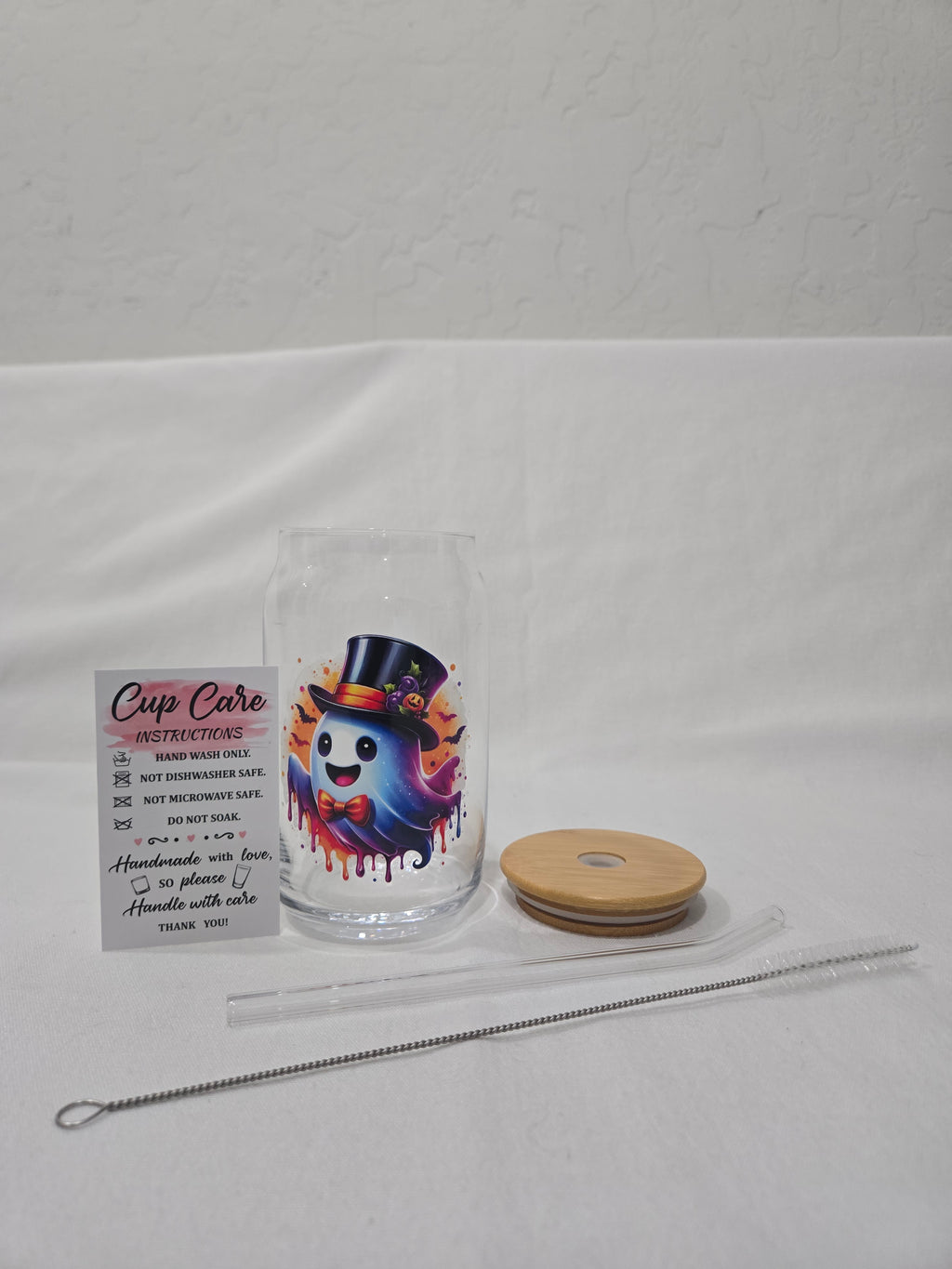Halloween Glass Cup, 17.58 oz, Ghost Magician with Hat and Bow tie