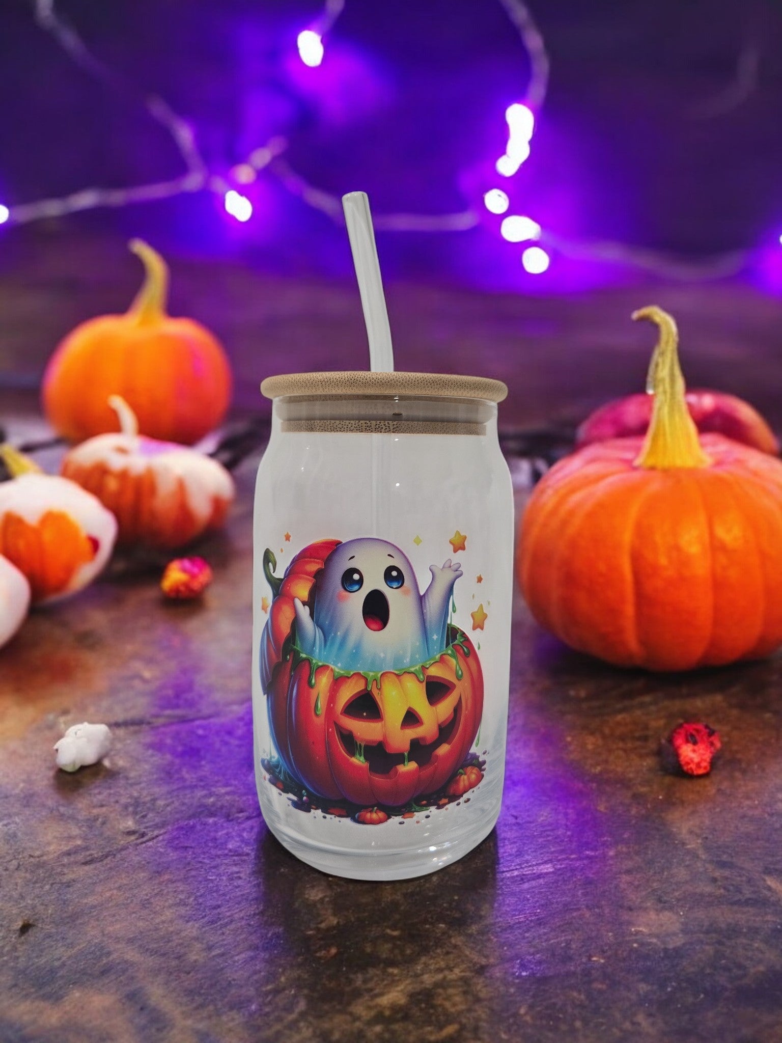 Ghost coming out of a Pumpkin Halloween glass cup